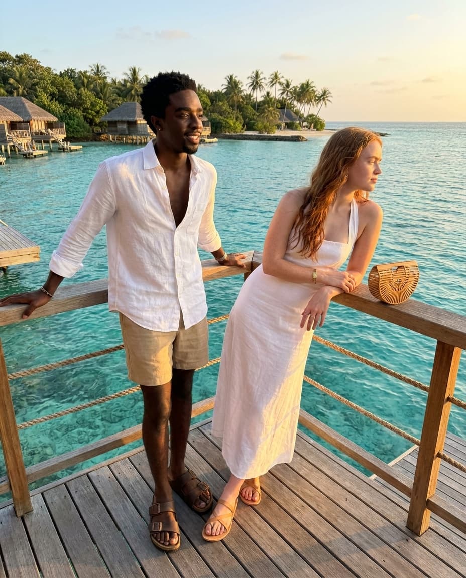 Camera settings: iPhone 17 Pro Max, 48MP sensor, natural bright Bali tropical golden hour sunlight warm and glowing, zero filters, real skin texture pores visible, wide shot full body both standing together on over water bungalow deck, true to life colors, handheld candid friend energy, real tropical water and resort environment visible. Caleb McLaughlin and Sadie Sink standing together on the private deck of a luxury over water bungalow at a Five Star Bali resort, turquoise Indian Ocean water stretching endlessly in every direction below and behind them, natural candid relaxed vacation friend energy not posed. Caleb McLaughlin standing left, one hand resting on wooden deck railing casual, other hand in pocket, looking out over the turquoise ocean natural unbothered vacation energy slight smile, wearing a white linen short sleeve button up shirt open at collar real linen texture slightly wrinkled from Bali humidity, khaki linen shorts real heavy linen texture, brown leather Birkenstock Arizona sandals real worn leather footbed, thin gold chain at neck catching warm golden hour Bali light, no watch just relaxed. Sadie Sink standing right beside him, both arms resting on wooden deck railing leaning forward slightly looking out over ocean, genuine peaceful expression taking in the view, wearing a white Reformation linen halter sundress thin straps real linen texture slightly billowing in warm ocean breeze, tan leather Ancient Greek Sandals flat strappy sandals real leather strap detail, small woven rattan Cult Gaia bag on deck railing beside her, small gold hoop earrings catching tropical golden hour light, Cartier Love bracelet yellow gold stack catching warm light. Luxury over water bungalow deck real teak wood planks underfoot real wood grain texture, wooden railing in front of both real weathered teak detail, turquoise crystal clear Indian Ocean water directly below deck visible through gaps in deck boards real water color depth, other over water bungalows visible in distance on both sides connected by wooden walkways stretching over water, lush Bali jungle covered hills visible on horizon in far distance, golden hour sun low casting everything warm amber and gold, sun path reflecting on ocean surface real golden light shimmer on water, palm trees on resort island real visible left side, traditional Balinese thatched grass roof of bungalow visible above in upper frame, infinity pool edge barely visible at far right of deck, warm golden Bali breeze moving Sadie dress hem and hair naturally, zero AI glow, real teak wood deck texture underfoot, real linen texture both outfits catching warm golden ocean light, sandal leather real, jewelry catching golden Bali sun naturally, skin pores and natural imperfections fully visible both faces in warm tropical golden hour light, ocean water real turquoise color depth below deck, ultra realistic iPhone Bali over water bungalow resort wide vacation candid capture.