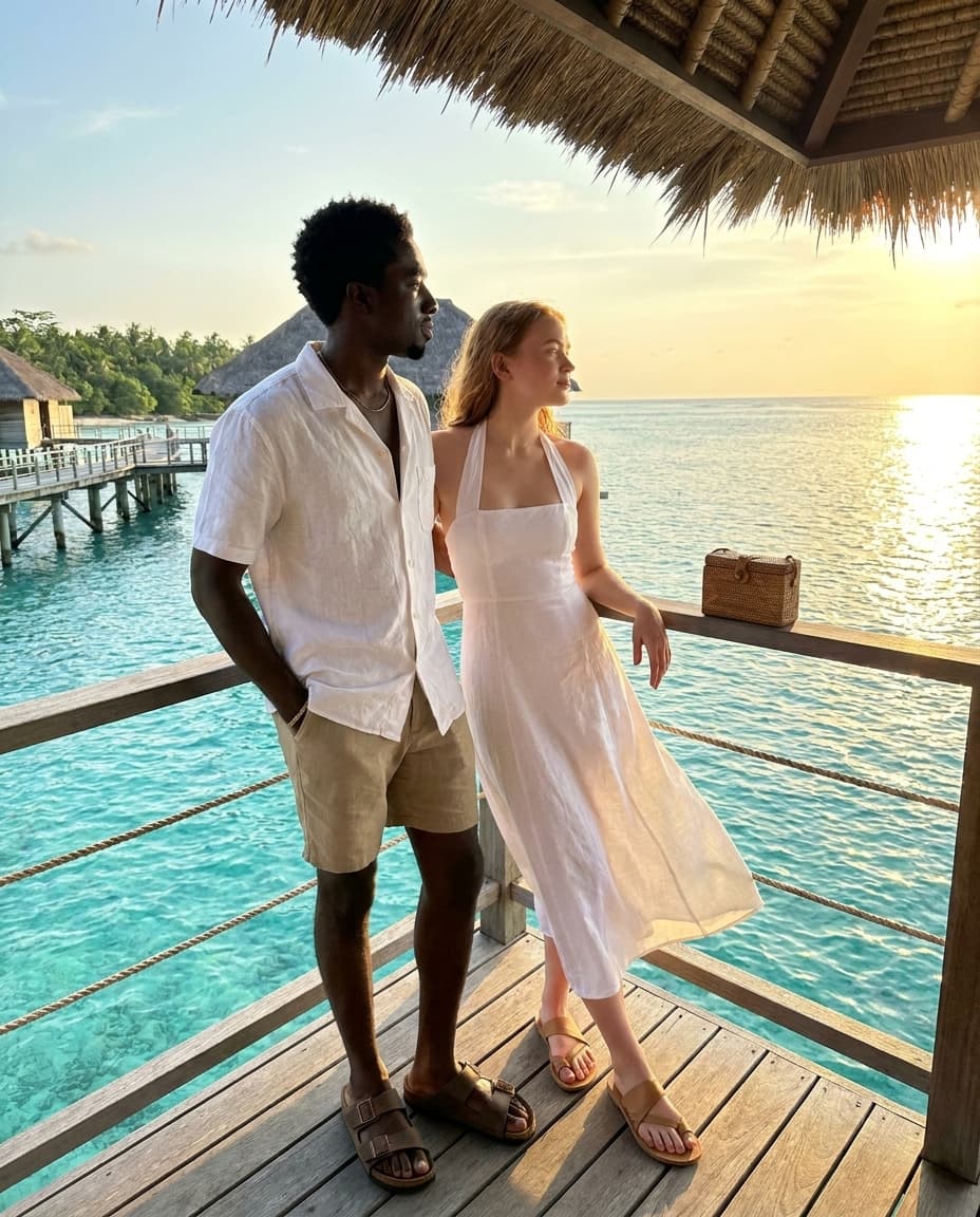 Camera settings: iPhone 17 Pro Max, 48MP sensor, natural bright Bali tropical golden hour sunlight warm and glowing, zero filters, real skin texture pores visible, wide shot full body both standing together on over water bungalow deck, true to life colors, handheld candid friend energy, real tropical water and resort environment visible. Caleb McLaughlin and Sadie Sink standing together on the private deck of a luxury over water bungalow at a Five Star Bali resort, turquoise Indian Ocean water stretching endlessly in every direction below and behind them, natural candid relaxed vacation friend energy not posed. Caleb McLaughlin standing left, one hand resting on wooden deck railing casual, other hand in pocket, looking out over the turquoise ocean natural unbothered vacation energy slight smile, wearing a white linen short sleeve button up shirt open at collar real linen texture slightly wrinkled from Bali humidity, khaki linen shorts real heavy linen texture, brown leather Birkenstock Arizona sandals real worn leather footbed, thin gold chain at neck catching warm golden hour Bali light, no watch just relaxed. Sadie Sink standing right beside him, both arms resting on wooden deck railing leaning forward slightly looking out over ocean, genuine peaceful expression taking in the view, wearing a white Reformation linen halter sundress thin straps real linen texture slightly billowing in warm ocean breeze, tan leather Ancient Greek Sandals flat strappy sandals real leather strap detail, small woven rattan Cult Gaia bag on deck railing beside her, small gold hoop earrings catching tropical golden hour light, Cartier Love bracelet yellow gold stack catching warm light. Luxury over water bungalow deck real teak wood planks underfoot real wood grain texture, wooden railing in front of both real weathered teak detail, turquoise crystal clear Indian Ocean water directly below deck visible through gaps in deck boards real water color depth, other over water bungalows visible in distance on both sides connected by wooden walkways stretching over water, lush Bali jungle covered hills visible on horizon in far distance, golden hour sun low casting everything warm amber and gold, sun path reflecting on ocean surface real golden light shimmer on water, palm trees on resort island real visible left side, traditional Balinese thatched grass roof of bungalow visible above in upper frame, infinity pool edge barely visible at far right of deck, warm golden Bali breeze moving Sadie dress hem and hair naturally, zero AI glow, real teak wood deck texture underfoot, real linen texture both outfits catching warm golden ocean light, sandal leather real, jewelry catching golden Bali sun naturally, skin pores and natural imperfections fully visible both faces in warm tropical golden hour light, ocean water real turquoise color depth below deck, ultra realistic iPhone Bali over water bungalow resort wide vacation candid capture.