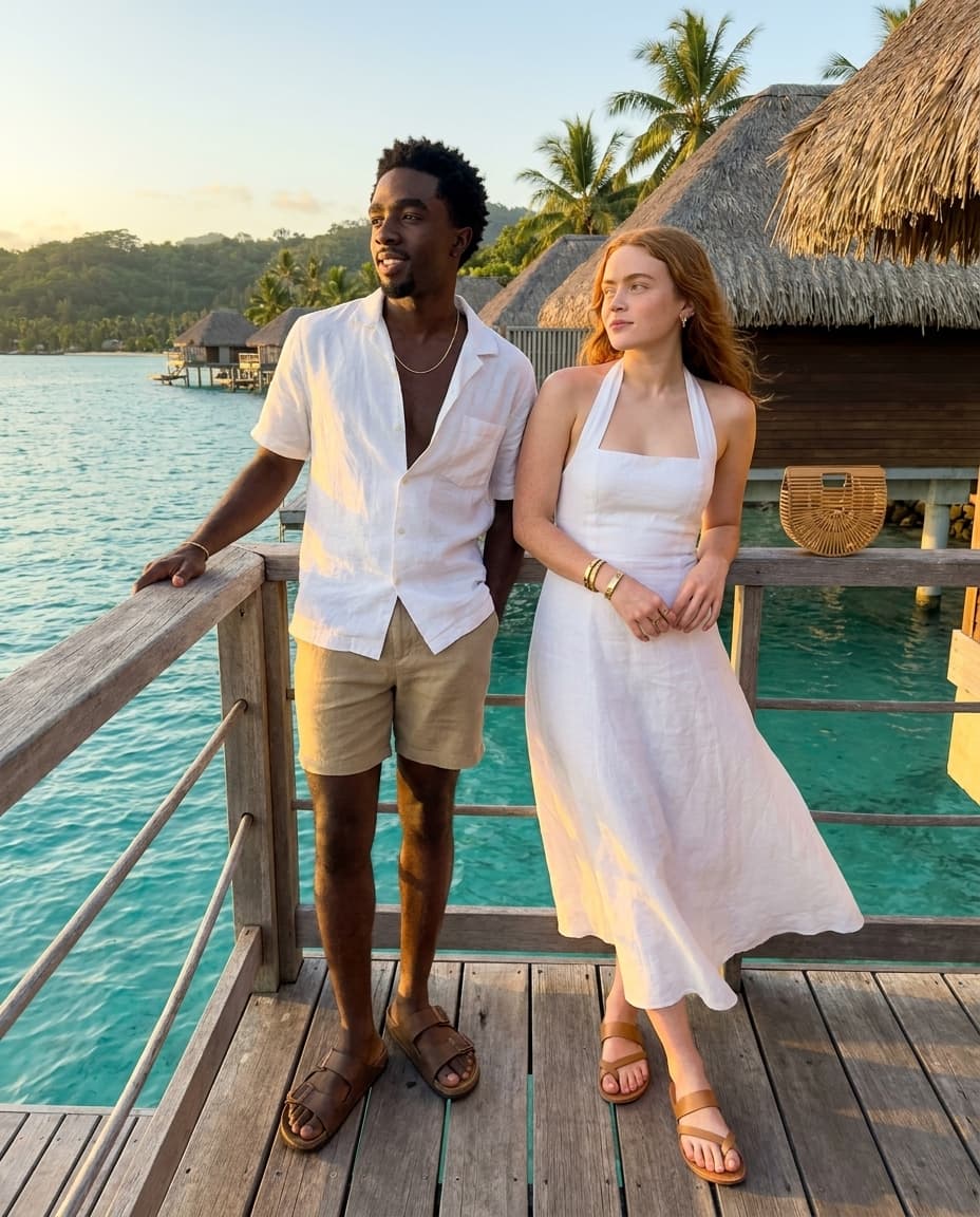 Camera settings: iPhone 17 Pro Max, 48MP sensor, natural bright Bali tropical golden hour sunlight warm and glowing, zero filters, real skin texture pores visible, wide shot full body both standing together on over water bungalow deck, true to life colors, handheld candid friend energy, real tropical water and resort environment visible. Caleb McLaughlin and Sadie Sink standing together on the private deck of a luxury over water bungalow at a Five Star Bali resort, turquoise Indian Ocean water stretching endlessly in every direction below and behind them, natural candid relaxed vacation friend energy not posed. Caleb McLaughlin standing left, one hand resting on wooden deck railing casual, other hand in pocket, looking out over the turquoise ocean natural unbothered vacation energy slight smile, wearing a white linen short sleeve button up shirt open at collar real linen texture slightly wrinkled from Bali humidity, khaki linen shorts real heavy linen texture, brown leather Birkenstock Arizona sandals real worn leather footbed, thin gold chain at neck catching warm golden hour Bali light, no watch just relaxed. Sadie Sink standing right beside him, both arms resting on wooden deck railing leaning forward slightly looking out over ocean, genuine peaceful expression taking in the view, wearing a white Reformation linen halter sundress thin straps real linen texture slightly billowing in warm ocean breeze, tan leather Ancient Greek Sandals flat strappy sandals real leather strap detail, small woven rattan Cult Gaia bag on deck railing beside her, small gold hoop earrings catching tropical golden hour light, Cartier Love bracelet yellow gold stack catching warm light. Luxury over water bungalow deck real teak wood planks underfoot real wood grain texture, wooden railing in front of both real weathered teak detail, turquoise crystal clear Indian Ocean water directly below deck visible through gaps in deck boards real water color depth, other over water bungalows visible in distance on both sides connected by wooden walkways stretching over water, lush Bali jungle covered hills visible on horizon in far distance, golden hour sun low casting everything warm amber and gold, sun path reflecting on ocean surface real golden light shimmer on water, palm trees on resort island real visible left side, traditional Balinese thatched grass roof of bungalow visible above in upper frame, infinity pool edge barely visible at far right of deck, warm golden Bali breeze moving Sadie dress hem and hair naturally, zero AI glow, real teak wood deck texture underfoot, real linen texture both outfits catching warm golden ocean light, sandal leather real, jewelry catching golden Bali sun naturally, skin pores and natural imperfections fully visible both faces in warm tropical golden hour light, ocean water real turquoise color depth below deck, ultra realistic iPhone Bali over water bungalow resort wide vacation candid capture. 