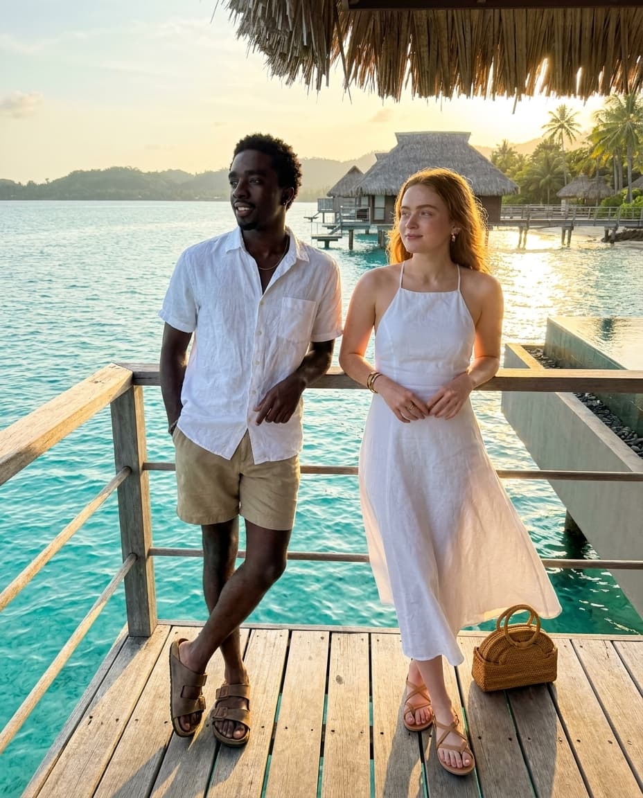 Camera settings: iPhone 17 Pro Max, 48MP sensor, natural bright Bali tropical golden hour sunlight warm and glowing, zero filters, real skin texture pores visible, wide shot full body both standing together on over water bungalow deck, true to life colors, handheld candid friend energy, real tropical water and resort environment visible. Caleb McLaughlin and Sadie Sink standing together on the private deck of a luxury over water bungalow at a Five Star Bali resort, turquoise Indian Ocean water stretching endlessly in every direction below and behind them, natural candid relaxed vacation friend energy not posed. Caleb McLaughlin standing left, one hand resting on wooden deck railing casual, other hand in pocket, looking out over the turquoise ocean natural unbothered vacation energy slight smile, wearing a white linen short sleeve button up shirt open at collar real linen texture slightly wrinkled from Bali humidity, khaki linen shorts real heavy linen texture, brown leather Birkenstock Arizona sandals real worn leather footbed, thin gold chain at neck catching warm golden hour Bali light, no watch just relaxed. Sadie Sink standing right beside him, both arms resting on wooden deck railing leaning forward slightly looking out over ocean, genuine peaceful expression taking in the view, wearing a white Reformation linen halter sundress thin straps real linen texture slightly billowing in warm ocean breeze, tan leather Ancient Greek Sandals flat strappy sandals real leather strap detail, small woven rattan Cult Gaia bag on deck railing beside her, small gold hoop earrings catching tropical golden hour light, Cartier Love bracelet yellow gold stack catching warm light. Luxury over water bungalow deck real teak wood planks underfoot real wood grain texture, wooden railing in front of both real weathered teak detail, turquoise crystal clear Indian Ocean water directly below deck visible through gaps in deck boards real water color depth, other over water bungalows visible in distance on both sides connected by wooden walkways stretching over water, lush Bali jungle covered hills visible on horizon in far distance, golden hour sun low casting everything warm amber and gold, sun path reflecting on ocean surface real golden light shimmer on water, palm trees on resort island real visible left side, traditional Balinese thatched grass roof of bungalow visible above in upper frame, infinity pool edge barely visible at far right of deck, warm golden Bali breeze moving Sadie dress hem and hair naturally, zero AI glow, real teak wood deck texture underfoot, real linen texture both outfits catching warm golden ocean light, sandal leather real, jewelry catching golden Bali sun naturally, skin pores and natural imperfections fully visible both faces in warm tropical golden hour light, ocean water real turquoise color depth below deck, ultra realistic iPhone Bali over water bungalow resort wide vacation candid capture.