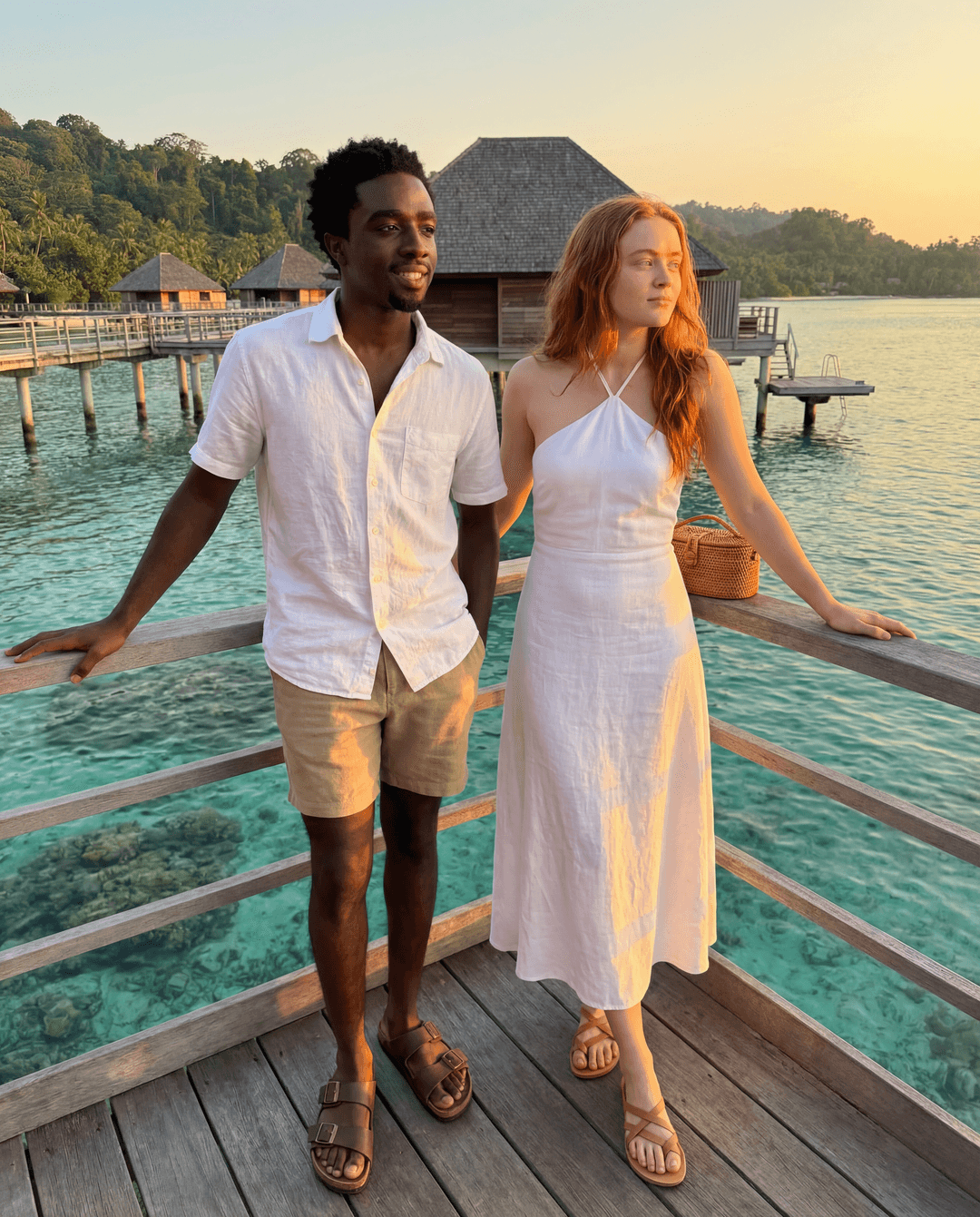 Camera settings: iPhone 17 Pro Max, 48MP sensor, natural bright Bali tropical golden hour sunlight warm and glowing, zero filters, real skin texture pores visible, wide shot full body both standing together on over water bungalow deck, true to life colors, handheld candid friend energy, real tropical water and resort environment visible. Caleb McLaughlin and Sadie Sink standing together on the private deck of a luxury over water bungalow at a Five Star Bali resort, turquoise Indian Ocean water stretching endlessly in every direction below and behind them, natural candid relaxed vacation friend energy not posed. Caleb McLaughlin standing left, one hand resting on wooden deck railing casual, other hand in pocket, looking out over the turquoise ocean natural unbothered vacation energy slight smile, wearing a white linen short sleeve button up shirt open at collar real linen texture slightly wrinkled from Bali humidity, khaki linen shorts real heavy linen texture, brown leather Birkenstock Arizona sandals real worn leather footbed, thin gold chain at neck catching warm golden hour Bali light, no watch just relaxed. Sadie Sink standing right beside him, both arms resting on wooden deck railing leaning forward slightly looking out over ocean, genuine peaceful expression taking in the view, wearing a white Reformation linen halter sundress thin straps real linen texture slightly billowing in warm ocean breeze, tan leather Ancient Greek Sandals flat strappy sandals real leather strap detail, small woven rattan Cult Gaia bag on deck railing beside her, small gold hoop earrings catching tropical golden hour light, Cartier Love bracelet yellow gold stack catching warm light. Luxury over water bungalow deck real teak wood planks underfoot real wood grain texture, wooden railing in front of both real weathered teak detail, turquoise crystal clear Indian Ocean water directly below deck visible through gaps in deck boards real water color depth, other over water bungalows visible in distance on both sides connected by wooden walkways stretching over water, lush Bali jungle covered hills visible on horizon in far distance, golden hour sun low casting everything warm amber and gold, sun path reflecting on ocean surface real golden light shimmer on water, palm trees on resort island real visible left side, traditional Balinese thatched grass roof of bungalow visible above in upper frame, infinity pool edge barely visible at far right of deck, warm golden Bali breeze moving Sadie dress hem and hair naturally, zero AI glow, real teak wood deck texture underfoot, real linen texture both outfits catching warm golden ocean light, sandal leather real, jewelry catching golden Bali sun naturally, skin pores and natural imperfections fully visible both faces in warm tropical golden hour light, ocean water real turquoise color depth below deck, ultra realistic iPhone Bali over water bungalow resort wide vacation candid capture. 