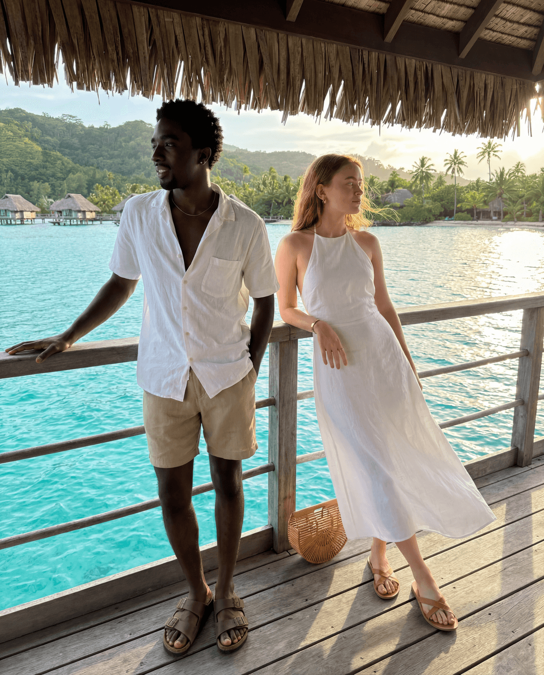 Camera settings: iPhone 17 Pro Max, 48MP sensor, natural bright Bali tropical golden hour sunlight warm and glowing, zero filters, real skin texture pores visible, wide shot full body both standing together on over water bungalow deck, true to life colors, handheld candid friend energy, real tropical water and resort environment visible. Caleb McLaughlin and Sadie Sink standing together on the private deck of a luxury over water bungalow at a Five Star Bali resort, turquoise Indian Ocean water stretching endlessly in every direction below and behind them, natural candid relaxed vacation friend energy not posed. Caleb McLaughlin standing left, one hand resting on wooden deck railing casual, other hand in pocket, looking out over the turquoise ocean natural unbothered vacation energy slight smile, wearing a white linen short sleeve button up shirt open at collar real linen texture slightly wrinkled from Bali humidity, khaki linen shorts real heavy linen texture, brown leather Birkenstock Arizona sandals real worn leather footbed, thin gold chain at neck catching warm golden hour Bali light, no watch just relaxed. Sadie Sink standing right beside him, both arms resting on wooden deck railing leaning forward slightly looking out over ocean, genuine peaceful expression taking in the view, wearing a white Reformation linen halter sundress thin straps real linen texture slightly billowing in warm ocean breeze, tan leather Ancient Greek Sandals flat strappy sandals real leather strap detail, small woven rattan Cult Gaia bag on deck railing beside her, small gold hoop earrings catching tropical golden hour light, Cartier Love bracelet yellow gold stack catching warm light. Luxury over water bungalow deck real teak wood planks underfoot real wood grain texture, wooden railing in front of both real weathered teak detail, turquoise crystal clear Indian Ocean water directly below deck visible through gaps in deck boards real water color depth, other over water bungalows visible in distance on both sides connected by wooden walkways stretching over water, lush Bali jungle covered hills visible on horizon in far distance, golden hour sun low casting everything warm amber and gold, sun path reflecting on ocean surface real golden light shimmer on water, palm trees on resort island real visible left side, traditional Balinese thatched grass roof of bungalow visible above in upper frame, infinity pool edge barely visible at far right of deck, warm golden Bali breeze moving Sadie dress hem and hair naturally, zero AI glow, real teak wood deck texture underfoot, real linen texture both outfits catching warm golden ocean light, sandal leather real, jewelry catching golden Bali sun naturally, skin pores and natural imperfections fully visible both faces in warm tropical golden hour light, ocean water real turquoise color depth below deck, ultra realistic iPhone Bali over water bungalow resort wide vacation candid capture. 