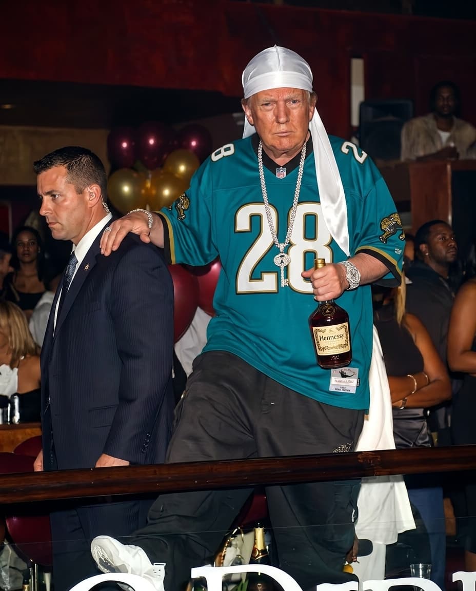 same pose, posture, outfits. Increase quality to 4k resolution and realistic skin texture. Replace character Donald Trump add secret service next to him. Trump wearing an oversized nfl jaguars jersey with white durag draped over his head tail over shoulders. Change bottle in hand to a Hennessy bottle. large diamond chain and diamond Rolex watch. 