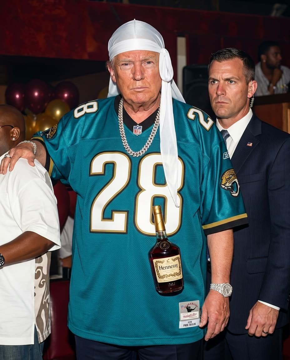 same pose, posture, outfits. Increase quality to 4k resolution and realistic skin texture. Replace character Donald Trump add secret service next to him. Trump wearing an oversized nfl jaguars jersey with white durag draped over his head tail over shoulders. Change bottle in hand to a Hennessy bottle. large diamond chain and diamond Rolex watch. 