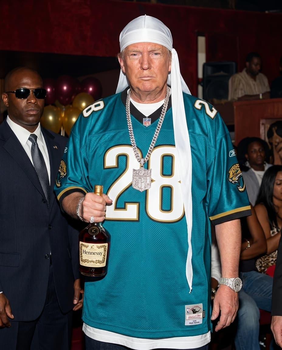 same pose, posture, outfits. Increase quality to 4k resolution and realistic skin texture. Replace character Donald Trump add secret service next to him. Trump wearing an oversized nfl jaguars jersey with white durag draped over his head tail over shoulders. Change bottle in hand to a Hennessy bottle. large diamond chain and diamond Rolex watch.