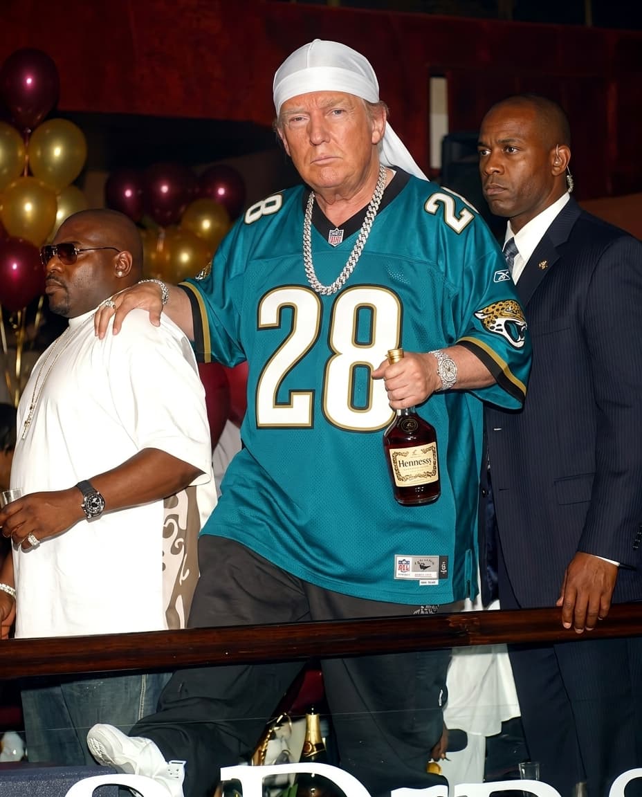 same pose, posture, outfits. Increase quality to 4k resolution and realistic skin texture. Replace character Donald Trump add secret service next to him. Trump wearing an oversized nfl jaguars jersey with white durag draped over his head tail over shoulders. Change bottle in hand to a Hennessy bottle. large diamond chain and diamond Rolex watch. 