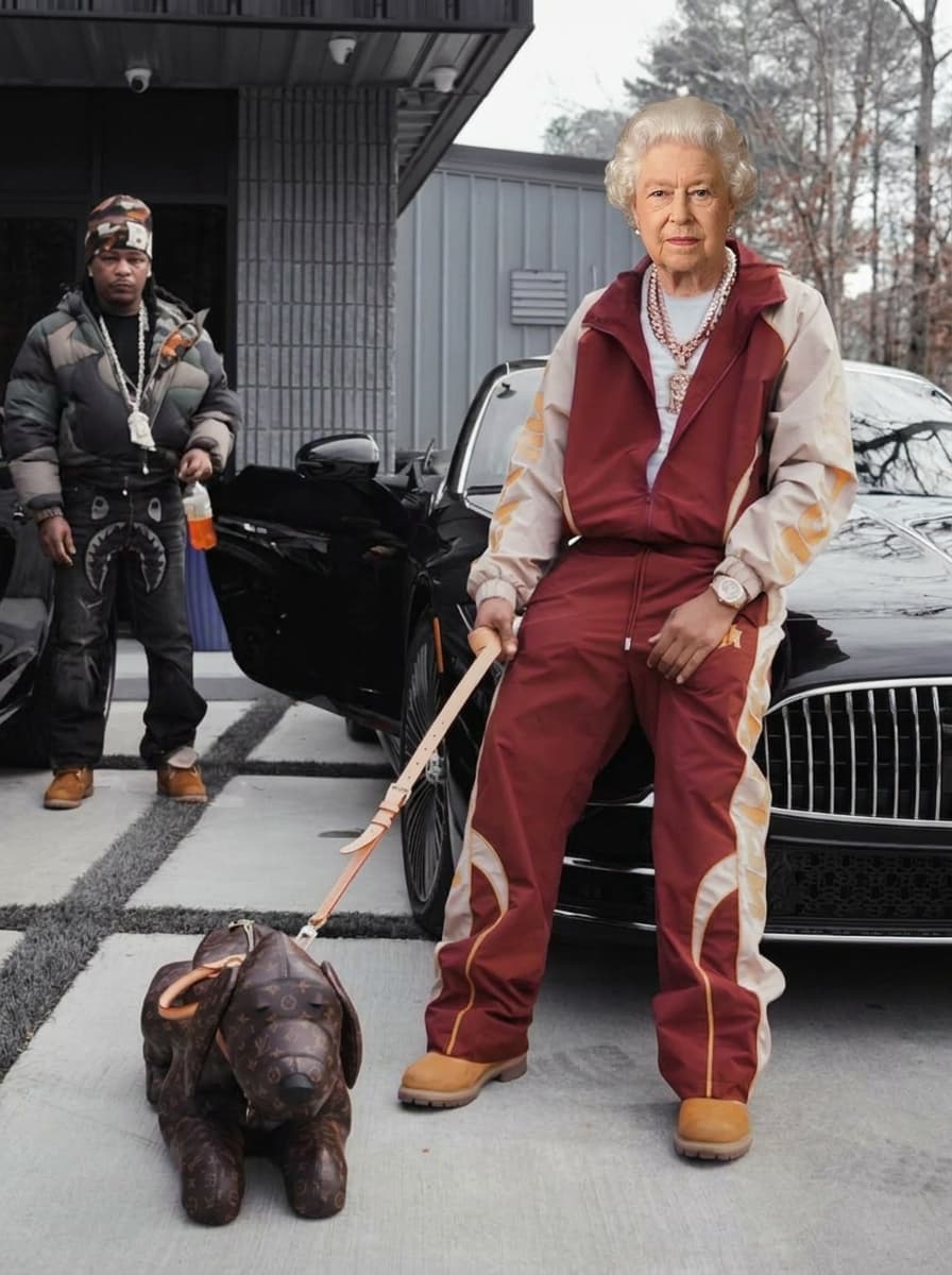 Use the provided image as the base reference. Maintain the exact same environment lighting, camera angle, pose, outfit structure, and composition from the original image.
Replace the original subject with Queen Elizabeth II,Political Leader wearing outfits attached
