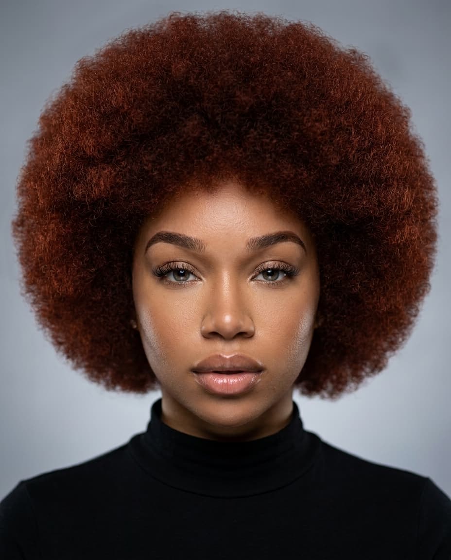 A hyperrealistic photograph, studio lighting, detailed, headshot of a stunning Black woman, her face a canvas of strength and beauty. Her natural Afro, voluminous and perfectly shaped, frames her face, with a rich, deep auburn hue. The catchlights in her eyes reflect a subtle intensity, and her skin, flawlessly smooth, glows under the expert lighting. The background is a soft, diffused studio grey, allowing her to be the sole focus. The image is sharp, with incredible detail in her hair texture and skin, as if captured by a high-end Hasselblad with a 85mm f/1.2 lens.