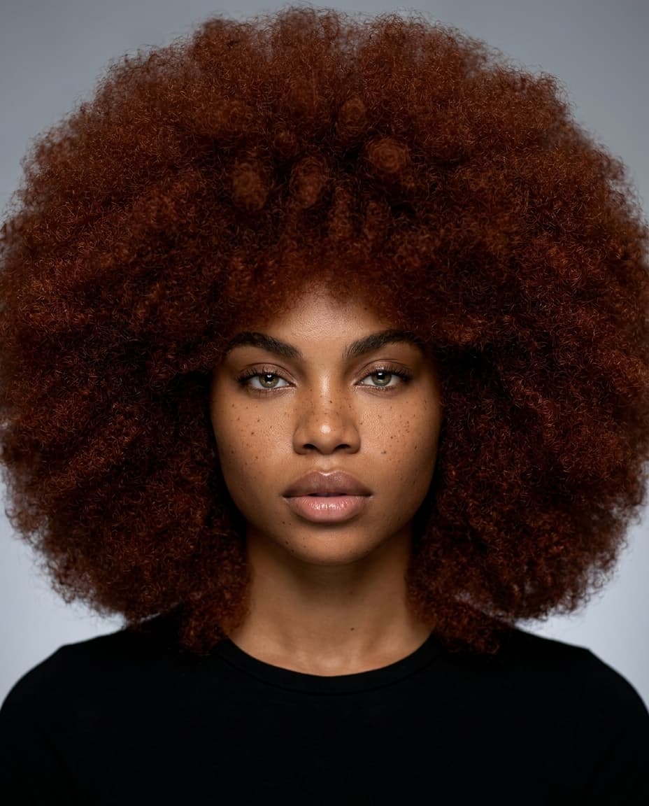 A hyperrealistic photograph, studio lighting, detailed, headshot of a stunning Black woman, her face a canvas of strength and beauty. Her natural Afro, voluminous and perfectly shaped, frames her face, with a rich, deep auburn hue. The catchlights in her eyes reflect a subtle intensity, and her skin, flawlessly smooth, glows under the expert lighting. The background is a soft, diffused studio grey, allowing her to be the sole focus. The image is sharp, with incredible detail in her hair texture and skin, as if captured by a high-end Hasselblad with a 85mm f/1.2 lens.