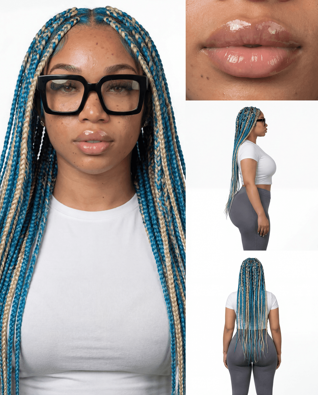 Swap female out with reference female. Keep same outfit from image 1. Change hairstyle to box braids but keep same hair color.