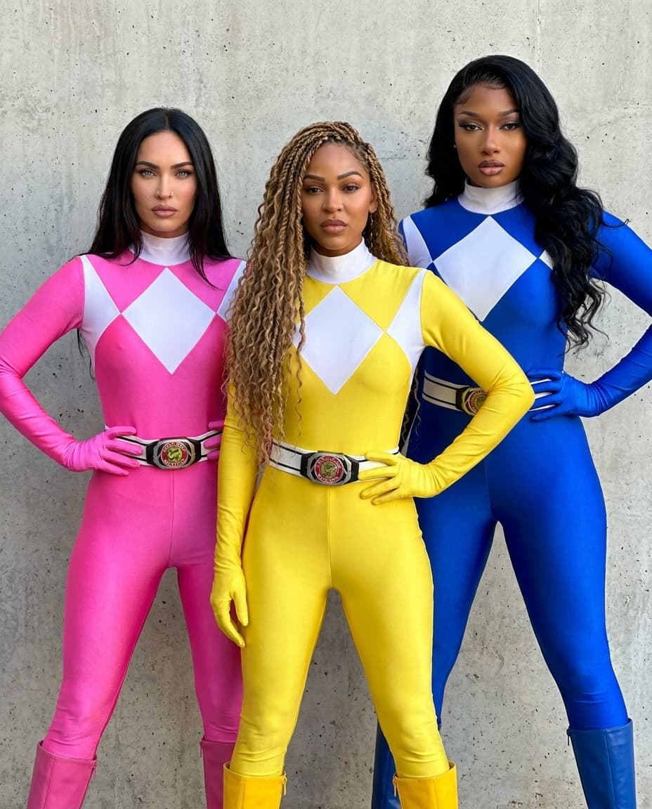 Match image 1 pose, posture. Three beautiful women standing against a concrete wall in a posed group shot. Megan fox on the left, wearing a 1:1 authentic 1990s Mighty Morphin Power Rangers pink ranger suit — form-fitting spandex bodysuit, pink with white diamond chest panel, pink gloves, no helmet. Meagan good in the center same hairstyle sandy brown long braids wavy, wearing a 1:1 authentic 1990s Mighty Morphin Power Rangers yellow ranger suit — form-fitting spandex bodysuit, yellow with white diamond chest panel, yellow gloves, no helmet. Meagan thee stallion on the right, wearing a 1:1 authentic 1990s Mighty Morphin Power Rangers blue ranger suit — form-fitting spandex bodysuit, blue with white diamond chest panel, blue gloves, no helmet. All three women look fierce and confident, no sunglasses, no helmets, editorial fashion photography style, natural lighting, concrete wall background, full body shot. Camera settings: iPhone 17 Pro Max. NO TEXT NO OVERLAY NO WATERMARK. Make sure they all wearing the power rangers belt with buckle and power rangers boots.
