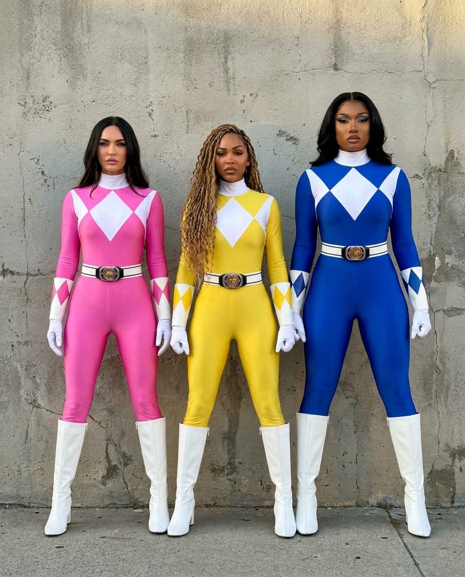 Match image 1 pose, posture. Three beautiful women standing against a concrete wall in a posed group shot. Megan fox on the left, wearing a 1:1 authentic 1990s Mighty Morphin Power Rangers pink ranger suit — form-fitting spandex bodysuit, pink with white diamond chest panel, pink gloves, no helmet. Meagan good in the center same hairstyle sandy brown long braids wavy, wearing a 1:1 authentic 1990s Mighty Morphin Power Rangers yellow ranger suit — form-fitting spandex bodysuit, yellow with white diamond chest panel, yellow gloves, no helmet. Meagan thee stallion on the right, wearing a 1:1 authentic 1990s Mighty Morphin Power Rangers blue ranger suit — form-fitting spandex bodysuit, blue with white diamond chest panel, blue gloves, no helmet. All three women look fierce and confident, no sunglasses, no helmets, editorial fashion photography style, natural lighting, concrete wall background, full body shot. Camera settings: iPhone 17 Pro Max. NO TEXT NO OVERLAY NO WATERMARK. Make sure they all wearing the power rangers belt with buckle and power rangers boots.