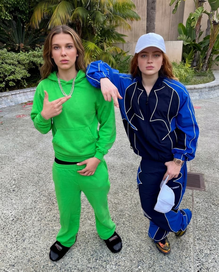 Keep everything the same. Swap both characters with Sadie sinks and on left Millie Bobby brown real skin texture. 4k resolution. No text on image, no tattoos Ratio 4:5