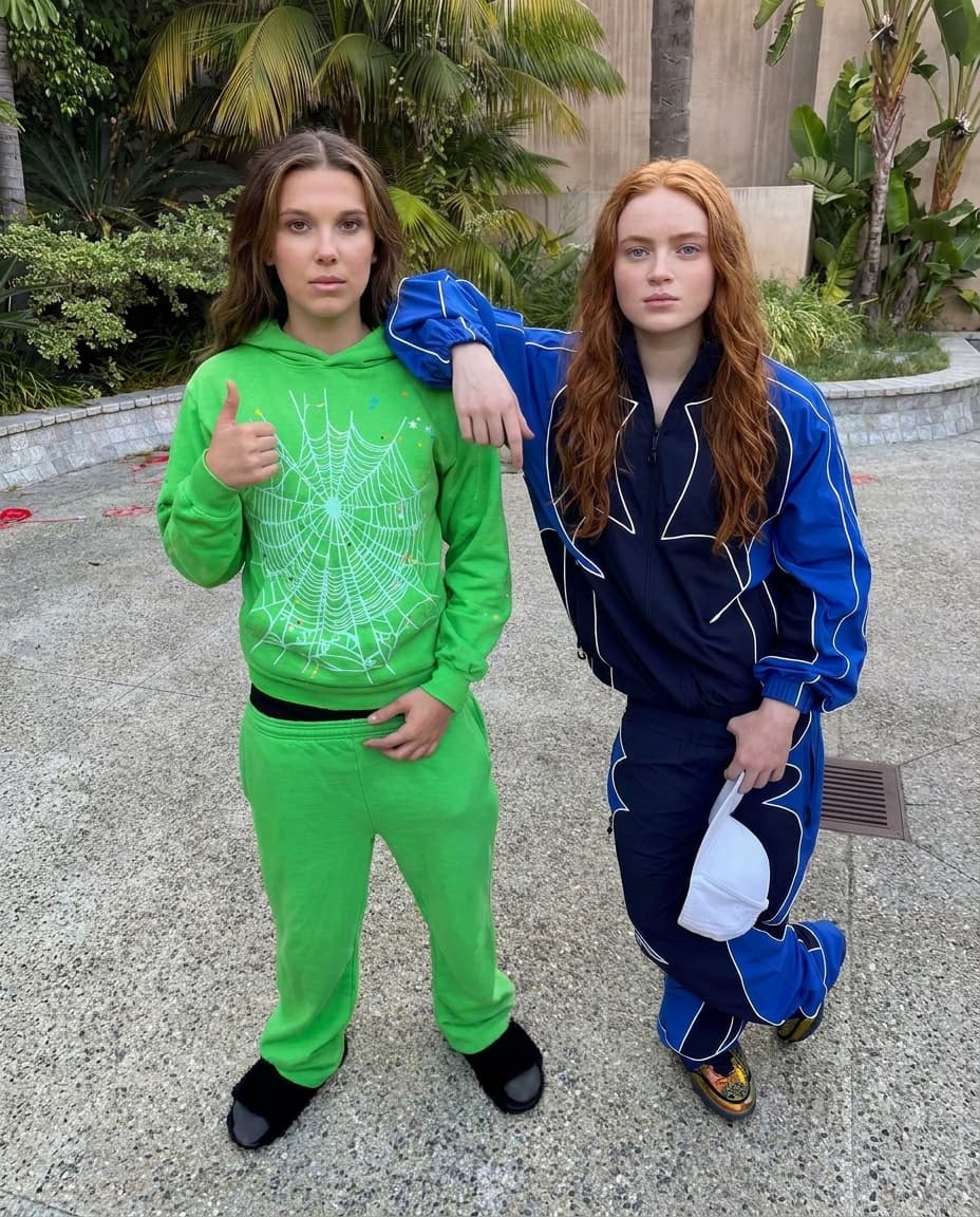 Keep everything the same. Swap both characters with Sadie sinks and on left Millie Bobby brown real skin texture. 4k resolution. No text on image, no tattoos Ratio 4:5
