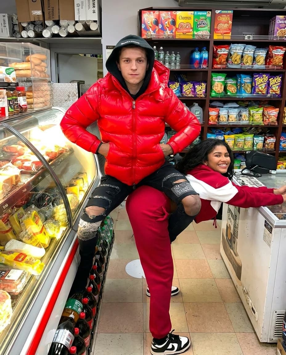 Keep everything the same. Swap both male and female character with tom holland and Zendaya
real skin texture. 4k resolution. No text on image, no tattoos 