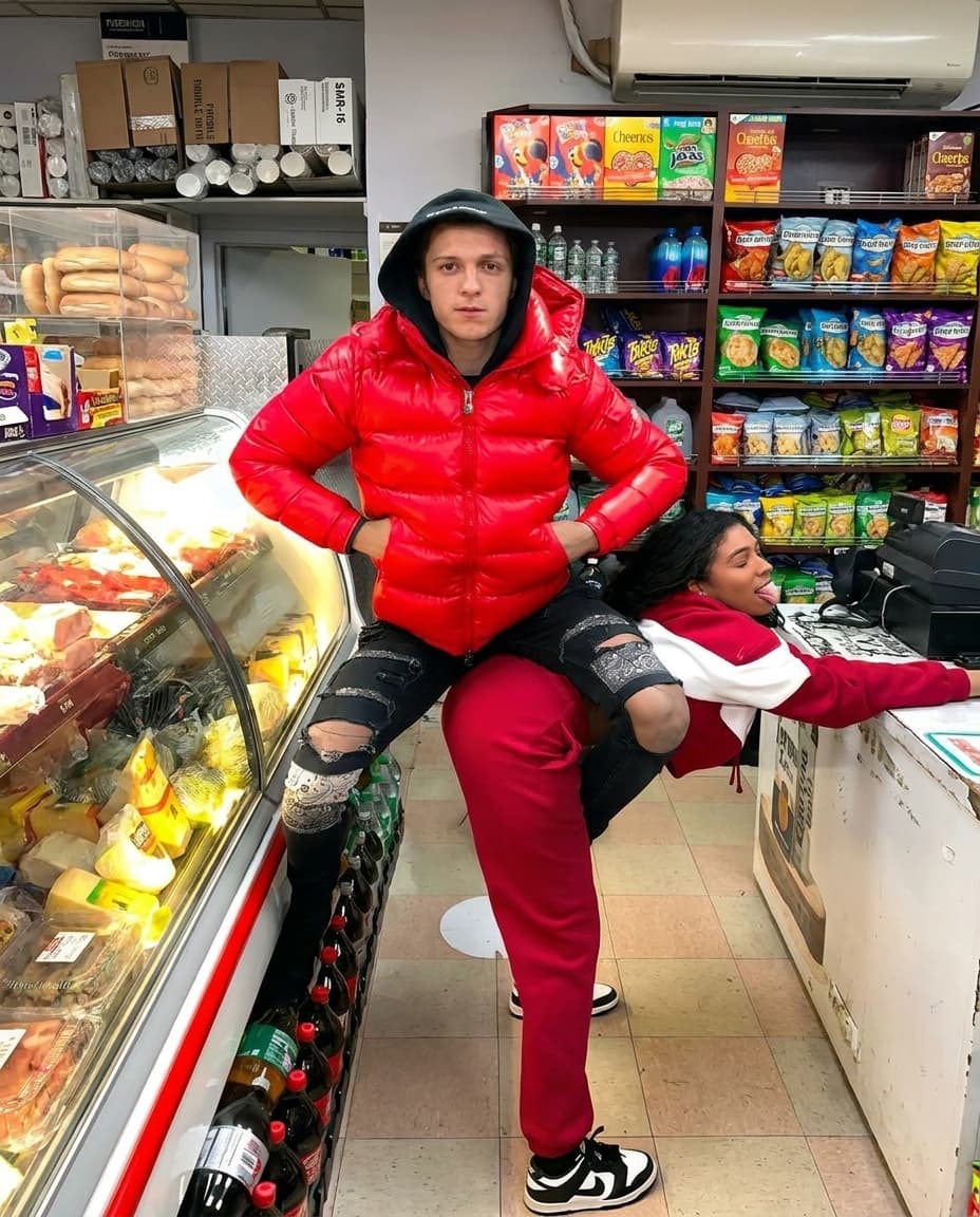 Keep everything the same. Swap both male and female character with tom holland and Zendaya
real skin texture. 4k resolution. No text on image, no tattoos 