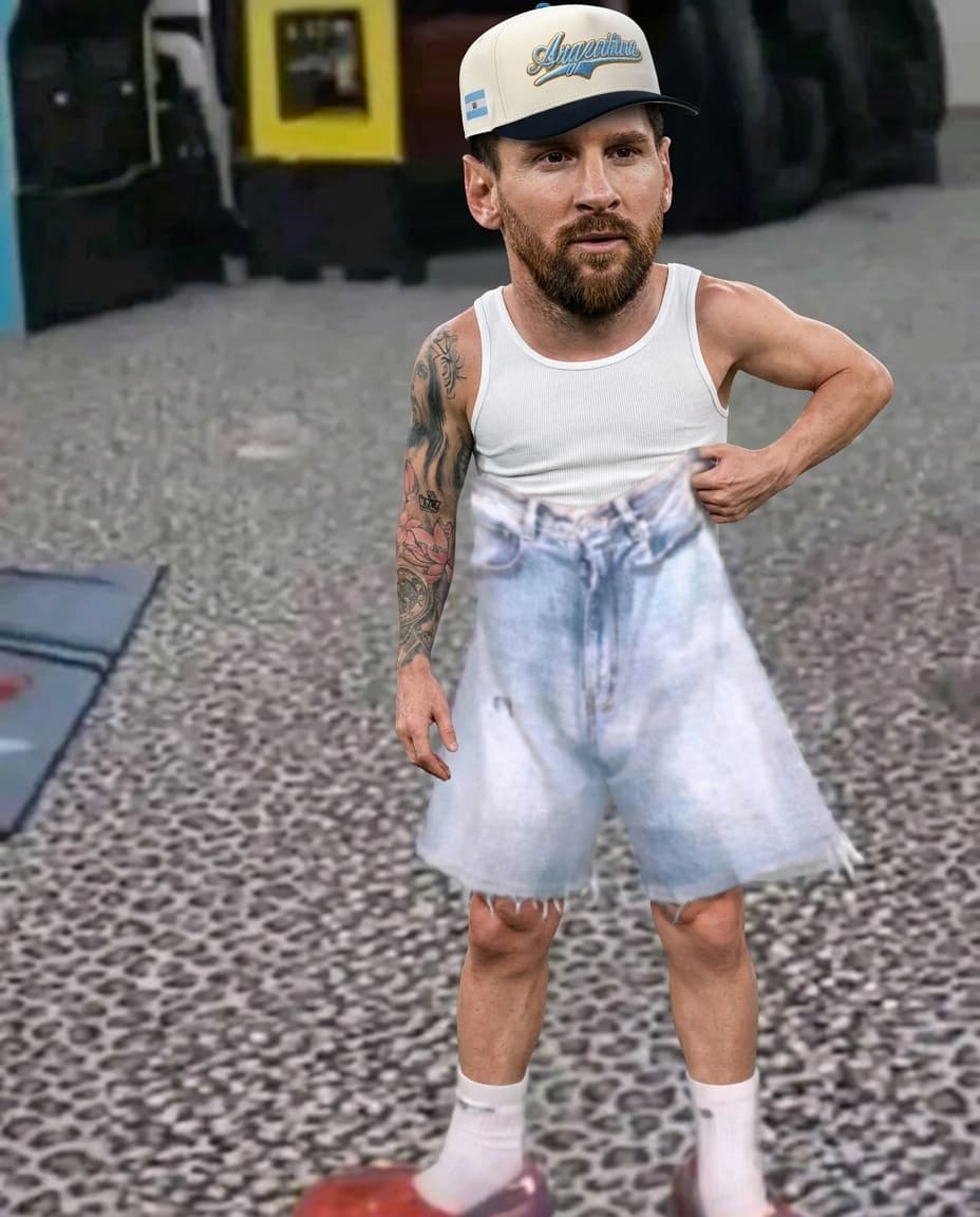 Keep everything the same, same exact size. Swap male character with Messi wearing white tank top and argentina hat. 
real skin texture. 4k resolution