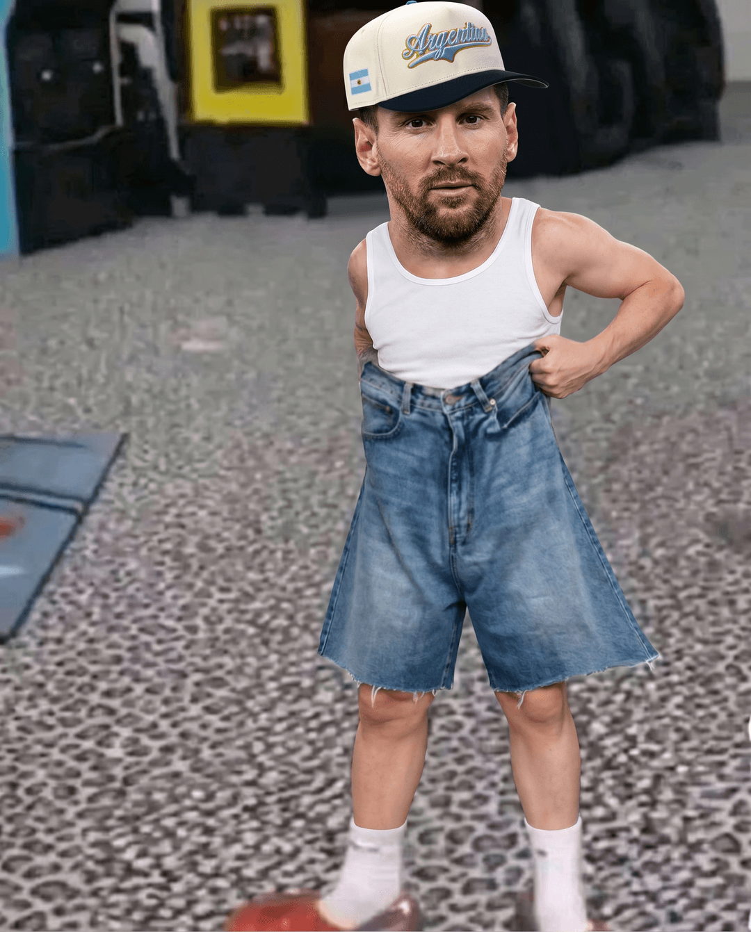 Keep everything the same, same exact size. Swap male character with Messi wearing white tank top and argentina hat. 
real skin texture. 4k resolution
