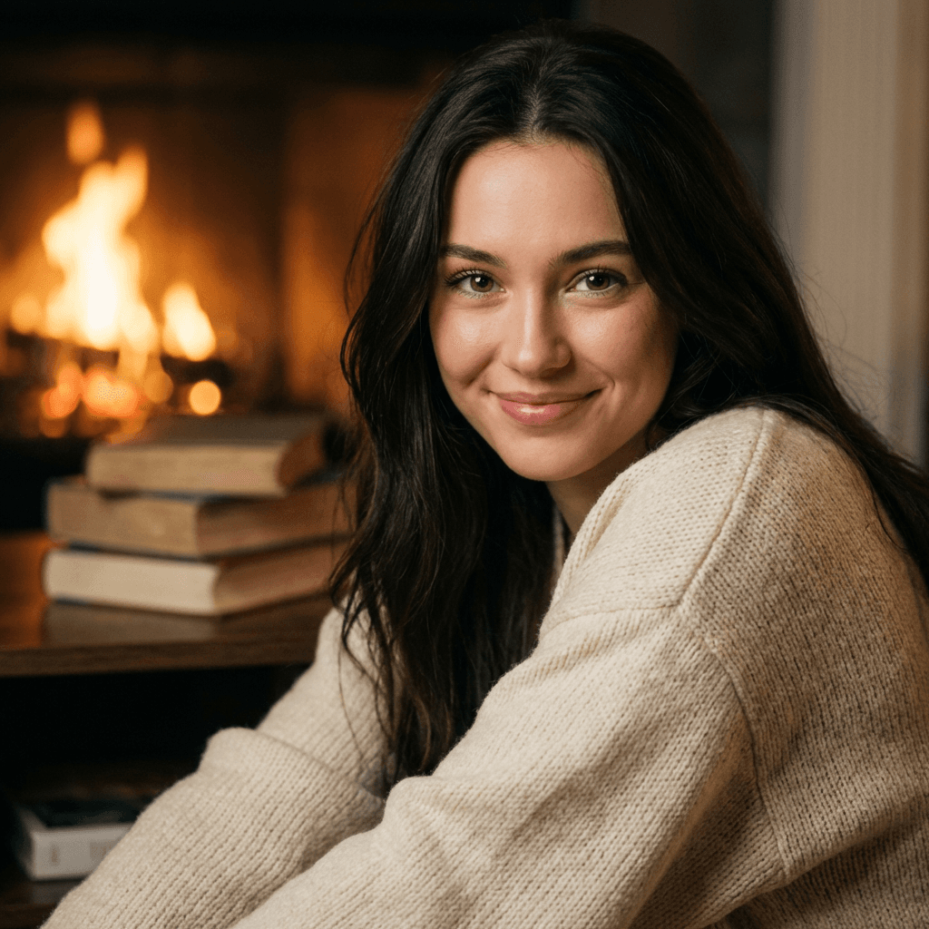 **Subject:** A young woman, early 20s, with long, flowing, dark hair, dressed in a soft, oversized, cream-colored knitted sweater. She is looking directly into the camera with a warm, inviting smile, her eyes sparkling with affection.

**Setting:** A cozy, softly lit living room. In the background, out of focus, are a roaring fireplace and a stack of well-loved books on a wooden shelf. The light from the fireplace casts a gentle, golden glow on her face, highlighting the delicate features.

**Photography Style:** Hyperrealistic, cinematic portrait.

**Lighting:** Soft, warm, natural light from the fireplace and a subtle, key light from the front to illuminate her face. Catchlights in her eyes.

**Composition:** Medium close-up, shallow depth of field, focusing sharply on her eyes and face. Rule of thirds applied.

**Lens:** 85mm prime lens.

**Camera:** Sony A7R V.

**Film Stock/Digital Equivalent:** Kodak Portra 800, for its warm tones and fine grain.

**Color Palette:** Warm, inviting, with dominant cream, golden, and soft brown tones.

**Atmosphere:** Intimate, comforting, loving, and slightly nostalgic.

**Details:**
*   Subtle, natural makeup, highlighting her youthful glow.
*   A few strands of hair gently falling across her face.
*   The texture of the knitted sweater is clearly visible.
*   Soft bokeh in the background.

**Post-Processing:** Minimal, focusing on enhancing natural light and color, preserving a realistic skin tone, and a very slight, almost imperceptible film grain.

**Keywords:** Hyperrealism, cinematic, portrait, cozy, warm, intimate, young woman, natural light, golden hour, soft focus, bokeh, emotional, inviting, affectionate, high detail, sharp focus, beautiful, gentle.