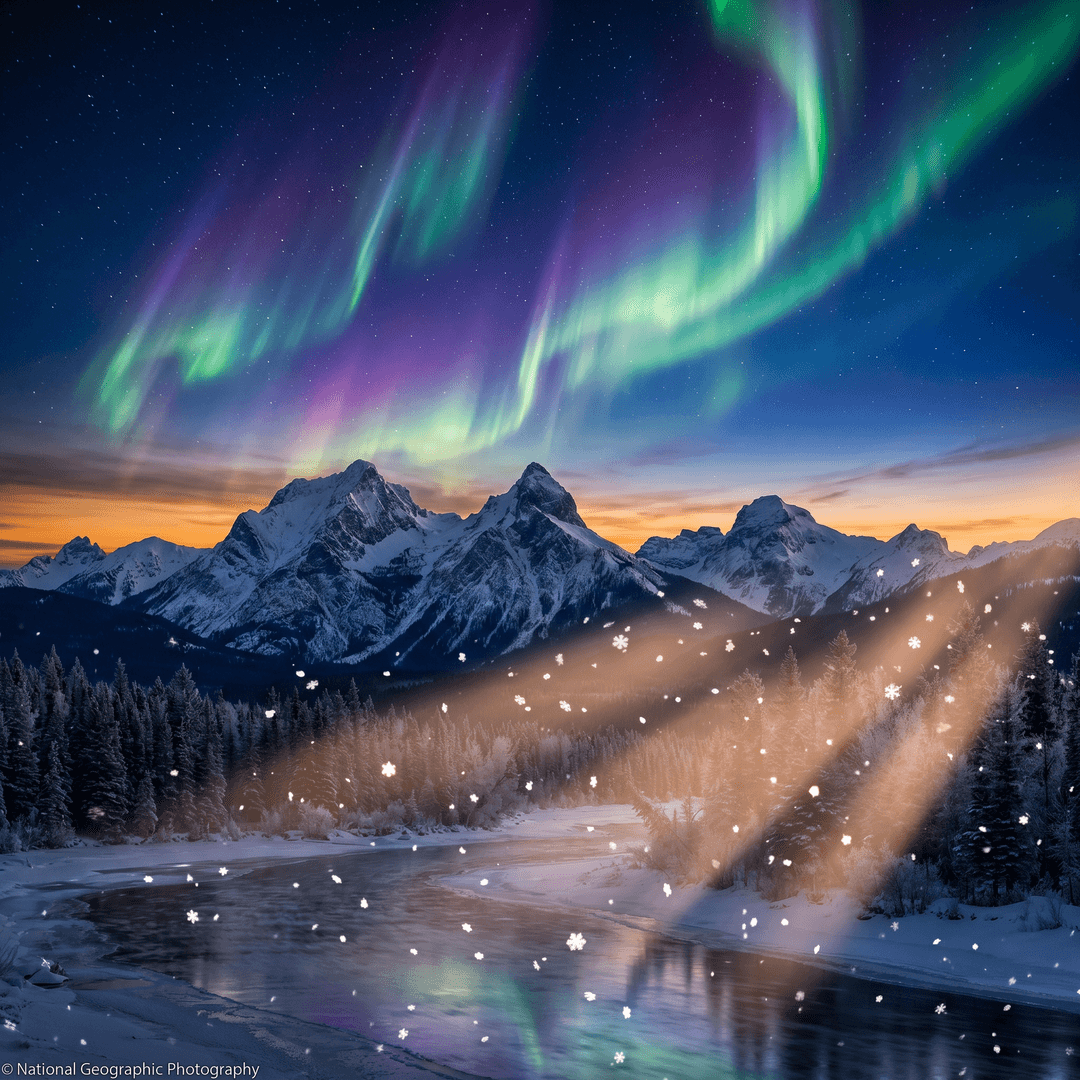 **Prompt:**  A breathtaking, hyper-realistic capture of a vibrant, ethereal aurora borealis dancing across the inky twilight sky, directly above a majestic range of jagged, snow-capped mountains. The scene is bathed in dramatic, volumetric lighting, with individual snowflakes catching the light and casting subtle shadows. Ultra-high resolution landscape photography, cinematic 4K, f/1.8, ISO 800, 30mm lens, golden hour glow bleeding into deep blue hour, intricate atmospheric details, extreme textural fidelity, photorealistic, award-winning National Geographic quality.