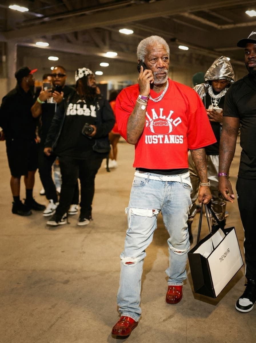 Use the provided image as the base reference. Maintain the exact same environment lighting, camera angle, pose, outfit structure, and composition from the original image.
Replace the original subject with Morgan Freeman,Movie Actor wearing outfits attached
