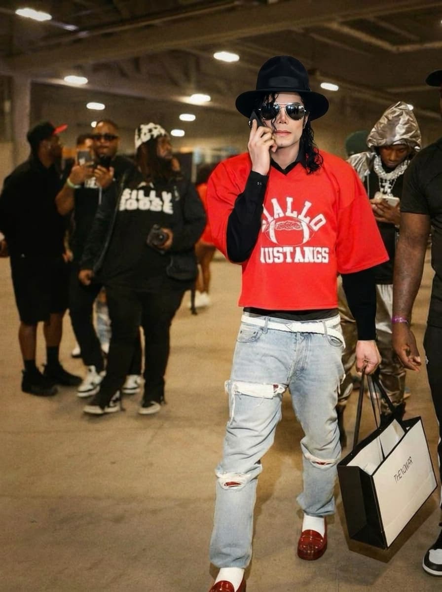 Use the provided image as the base reference. Maintain the exact same environment lighting, camera angle, pose, outfit structure, and composition from the original image.
Replace the original subject with Michael Jackson,Music Icon wearing outfits attached
