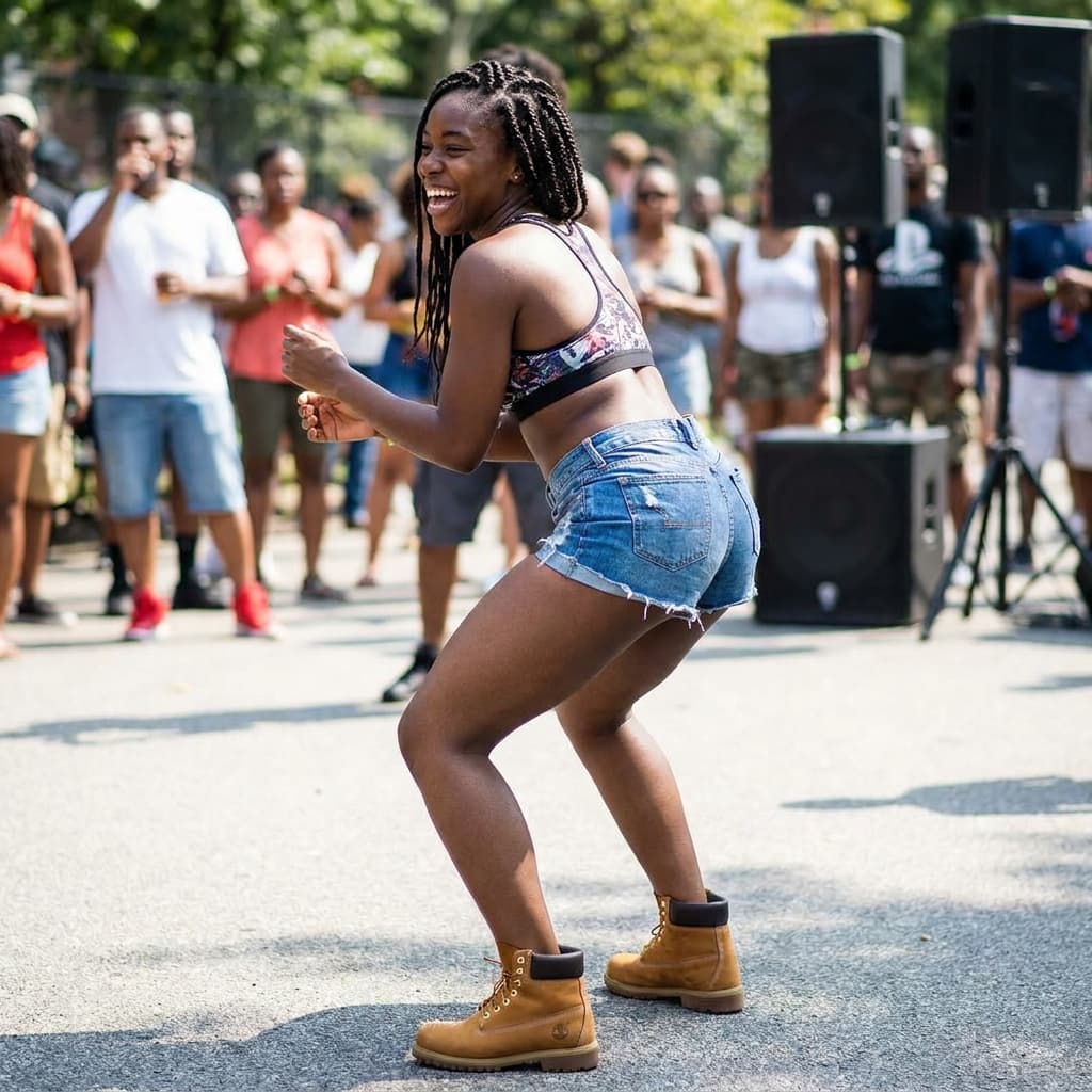 Beautiful black girl with a big booty twerking in boots shorts and a cute sports bra