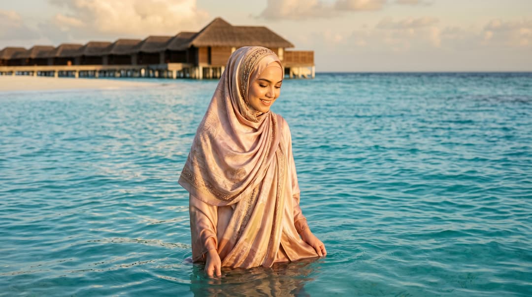 /imagine prompt: A stunning, hyper-realistic photograph of a woman, elegantly adorned in a luxurious, flowing hijab,
gracing the pristine, turquoise waters of the Maldives. The sunlight, golden and soft,
gently illuminates her face, highlighting the intricate details of her hijab's fabric.
The scene is one of refined opulence, with a hint of a private, overwater villa in the background, its
shadows subtly stretching across the crystal-clear lagoon. The atmosphere is serene and
exquisite, capturing a moment of pure bliss and sophisticated tranquility. The style is that of a
high-fashion editorial, with meticulous attention to lighting, composition, and the texture
of the silk. Shot on a Hasselblad X1D II 50C with a 80mm f/1.9 lens,
ISO 100, f/2.8, 1/250s, natural light, golden hour. --ar 16:9 --v 5.2 --style raw