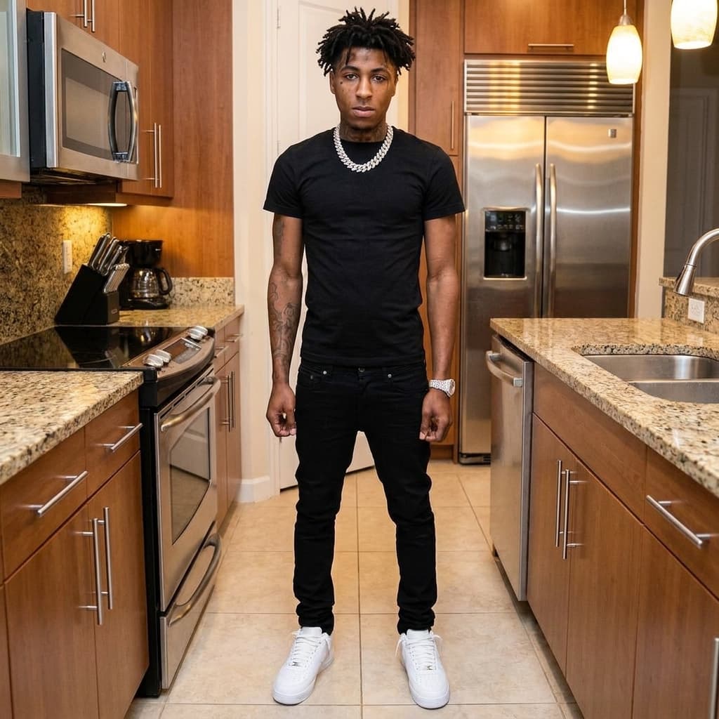 Have nba youngboy wearing black tee,black jean all white air force ones have nba youngboy wearing diamond cuban and watch have nba youngboy standing in the kitchen 