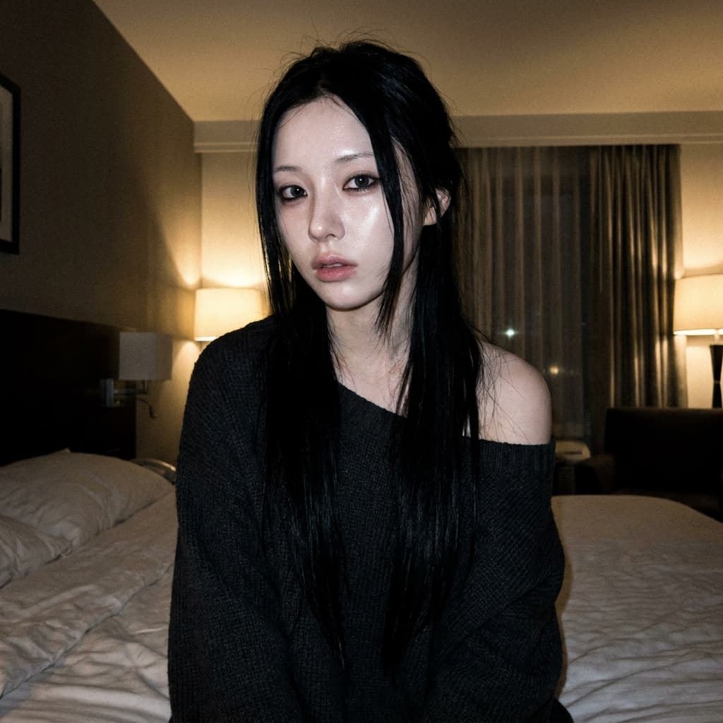 **photorealistic, 22 year old pale woman, porcelain skin, slim delicate body, jet black straight hair, dark intense eyes, subtle dark circles under eyes, soft matte skin texture, slightly parted lips, minimal makeup with dark eyeliner. She wears an oversized off-shoulder black sweater, slipping slightly off one shoulder. Sitting on a bed, dim lighting casts soft shadows, creating a low-light, cinematic moody atmosphere. A grainy texture, reminiscent of an iPhone front camera selfie, frames her in a close-up, looking directly at the camera. The image evokes a mysterious and intimate vibe, highly realistic.**