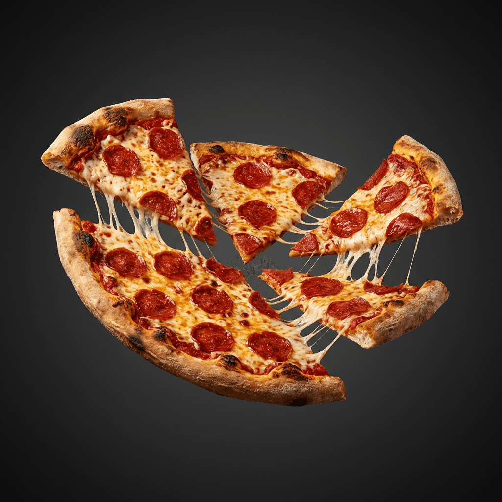 /imagine prompt: A pepperoni pizza, perfectly baked with glistening cheese and a vibrant red sauce, captured mid-air in a dynamic, gravity-defying pose. Each slice is subtly contorted as if in a graceful, energetic dance, with mozzarella strands stretching and twirling like ribbons. The crust is golden-brown and slightly charred, illuminated by dramatic, high-contrast studio lighting that accentuates every detail. The background is a stark, minimalist dark gray, throwing the pizza into sharp focus. Shot with a Phase One XF IQ4, 120mm macro lens, f/8, 1/2000s, ISO 100. Hyperrealistic, food photography, dynamic composition, surreal, award-winning.