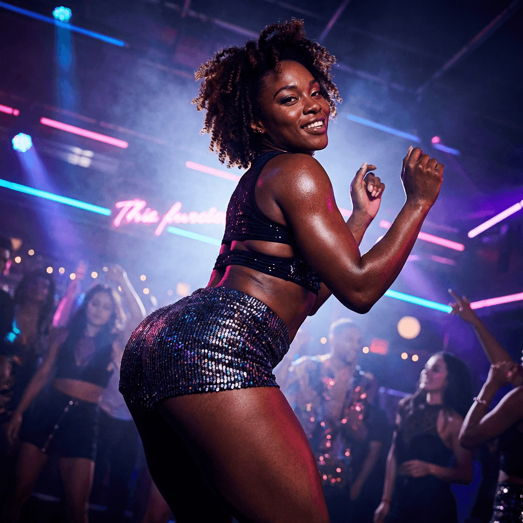 **Subject:** A confident, athletic Black woman in dynamic motion, captured mid-twerk.

**Setting:** A vibrant, dimly lit, energetic club environment. Flashes of neon lights (pinks, blues, purples) streak across the background, creating a sense of movement and excitement. There's a subtle haze or smoke effect in the air, catching the light.

**Pose:** The woman is captured at the peak of her twerk, her body angled to emphasize the powerful, rhythmic movement. Her back is arched, head slightly tilted back, and her gaze is direct and empowered, looking towards the camera with a confident, joyful expression. Her hands might be resting lightly on her thighs or slightly raised in the air, adding to the dynamism.

**Attire:** She is wearing a form-fitting, high-waisted, textured metallic or sequined short-shorts that accentuate her curves. A matching, cropped top or a sports bra with intricate cut-outs, possibly in a contrasting but complementary color (e.g., iridescent blue/purple against a black base), showcasing her toned physique. Her shoes are stylish, possibly high-top sneakers or chunky heels that add to the urban, club aesthetic.

**Lighting:** Dramatic, high-contrast lighting. Strong backlighting and side lighting from the club's neon fixtures create sharp highlights and deep shadows, emphasizing the contours of her body. There's a subtle rim light defining her silhouette. The light sources are visible in the background as bokeh, adding depth.

**Composition:** A low-angle shot, slightly wide, to capture the full energy of her pose and the surrounding environment. Rule of thirds applies, placing her in a powerful, engaging position within the frame. The background is slightly blurred (shallow depth of field) to keep the focus on her, but the lights remain distinct.

**Photography Style:** High-fashion, editorial photography with a raw, energetic edge. Think a blend of dynamic sports photography and high-end nightlife imagery.

**Camera & Lens:** Shot with a high-resolution full-frame camera (e.g., Sony A1, Canon R5) using a fast prime lens (e.g., 35mm f/1.4 or 50mm f/1.2) to achieve excellent low-light performance and beautiful bokeh.

**Film Emulation/Color Grade:** Rich, saturated colors with deep blacks and vibrant neon hues. A slight film grain effect for a tactile, authentic feel. Color grading emphasizes the cool tones of the neon lights against the warm skin tones, creating a striking contrast.

**Keywords:** Hyperrealistic, photorealistic, cinematic, high-resolution, sharp focus, dynamic, energetic, powerful, confident, joyful, movement, club, nightlife, neon, vibrant, athletic, toned, sculpted, editorial, fashion, beauty, sweat, glow, texture, detail, dramatic lighting, low-angle, full body shot, Black woman, celebration, self-expression.

**Artist Inspiration:** Annie Leibovitz meets street photography, with a touch of modern R&B music video aesthetics.

**Negative Prompts:** blurry, out of focus, distorted, cartoon, anime, ugly, disfigured, poorly lit, static, uninspired, poor quality, low resolution, bad anatomy, extra limbs, missing limbs, bad hands, fake, artificial, unrealistic.