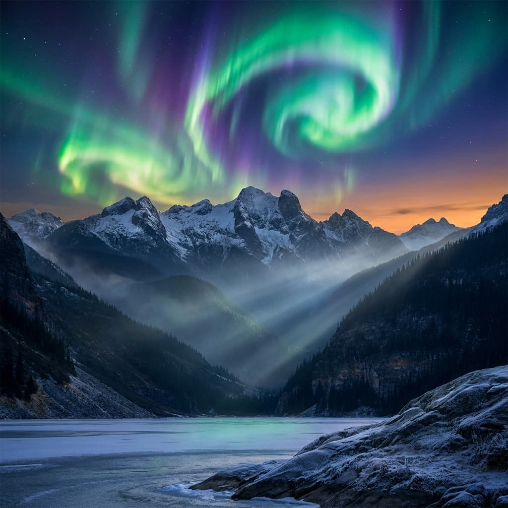 Cinematic 4K hyperrealistic photograph of a breathtaking magical aurora swirling dramatically over majestic, snow-capped mountains at twilight. Ultra-detailed landscape photography, volumetric lighting, ethereal glow, deep shadows, sharp focus, vibrant colors, professional-grade, high-resolution.
