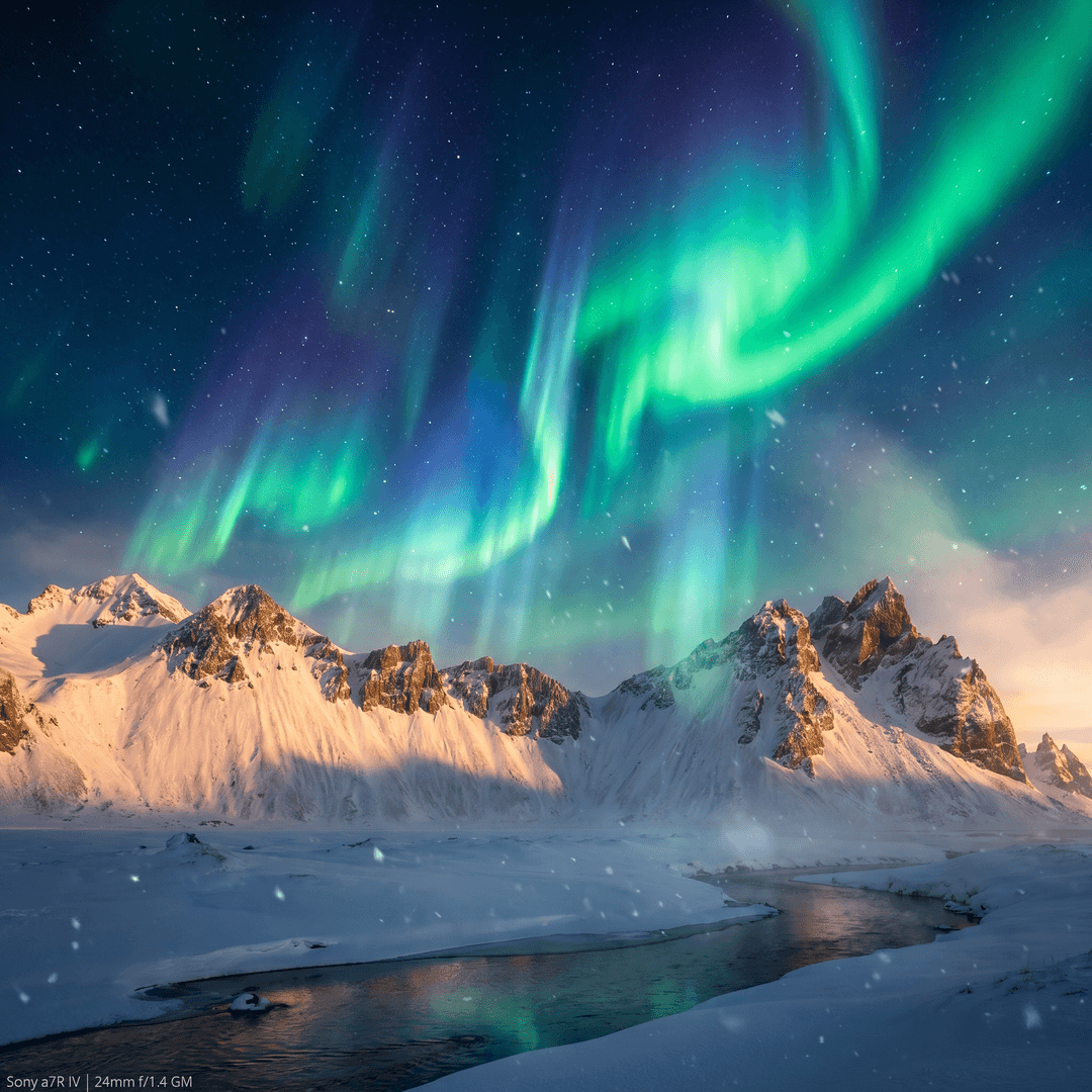 **Prompt:** A breathtaking, hyper-realistic photograph of a magical aurora borealis, swirling with vibrant emerald greens, sapphire blues, and hints of amethyst, completely dominating the twilight sky above majestic, snow-capped peaks. The mountains are sharply defined, their craggy textures catching the last vestiges of golden light from a unseen sun, casting long, dramatic shadows across pristine, untouched snowfields. Volumetric lighting pierces through the dancing aurora, illuminating individual snowflakes and creating ethereal shafts of light that cut through the crisp, cold air. Ultra-detailed landscape photography, 8K resolution, f/1.8, ISO 100, 1/1000s, shot on a Sony a7R IV with a 24mm f/1.4 GM lens, cinematic wide shot, deep depth of field, dramatic composition, award-winning nature photography, trending on 500px, unbelievably realistic.