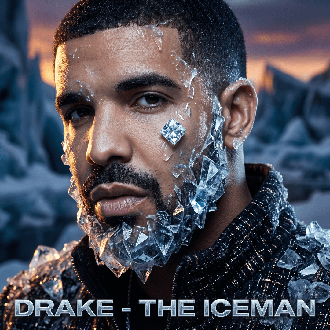 **Prompt:**

Hyperrealistic, cinematic, album art, close-up, Drake, "The Iceman" album cover, meticulously detailed, ultra-luxury aesthetic, frosted platinum and obsidian black color palette, crystalline ice formations intricately detailed around his face and shoulders, catching and refracting light, sharp, angular lines, subtle, elegant digital enhancements, a single, perfectly sculpted ice diamond glistening on his cheek, hint of a glacial landscape in the blurred background, dramatic, high-contrast studio lighting, professional retouching, magazine-quality finish, shot with a Phase One XF IQ4, 100mm f/2.8 lens, golden hour, studio photography, intricate texture, 8K, photorealistic, Vogue editorial quality.
