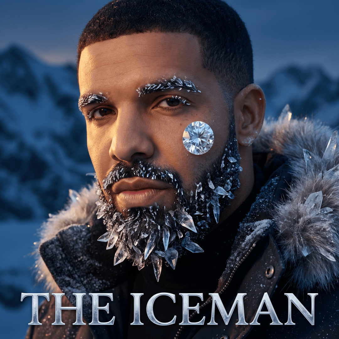 Hyperrealistic, cinematic album art, close-up portrait of Drake for "The Iceman" album cover. Meticulously detailed with an ultra-luxury aesthetic, featuring a frosted platinum and obsidian black color palette. Crystalline ice formations are intricately detailed around his face and shoulders, catching and refracting light with sharp, angular lines. A single, perfectly sculpted ice diamond glistens on his cheek. A subtle hint of a glacial landscape is present in the blurred background. Dramatic, high-contrast studio lighting enhances the scene. Professional retouching and a magazine-quality finish, reminiscent of a Vogue edit. Shot with a Phase One XF IQ4, 100mm f/2.8 lens, employing golden hour studio photography techniques. Intricate texture, 8K, photorealistic.