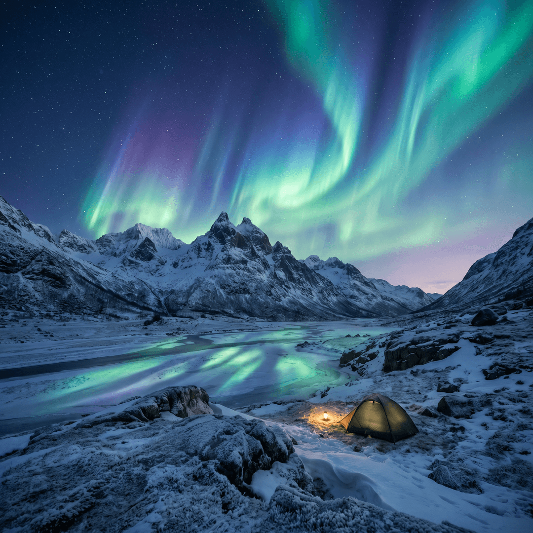 Ultra-detailed, hyper-realistic landscape photography of a magical aurora borealis painting the twilight sky over majestic, snow-capped peaks. The scene is bathed in dramatic, volumetric lighting, casting long, ethereal shadows and highlighting every intricate detail of the icy terrain. The aurora's vibrant, otherworldly colors swirl and dance with breathtaking intensity, creating a cinematic, 4K visual spectacle. Shot with a high-resolution medium format camera, f/2.8, 30-second exposure, ISO 400.