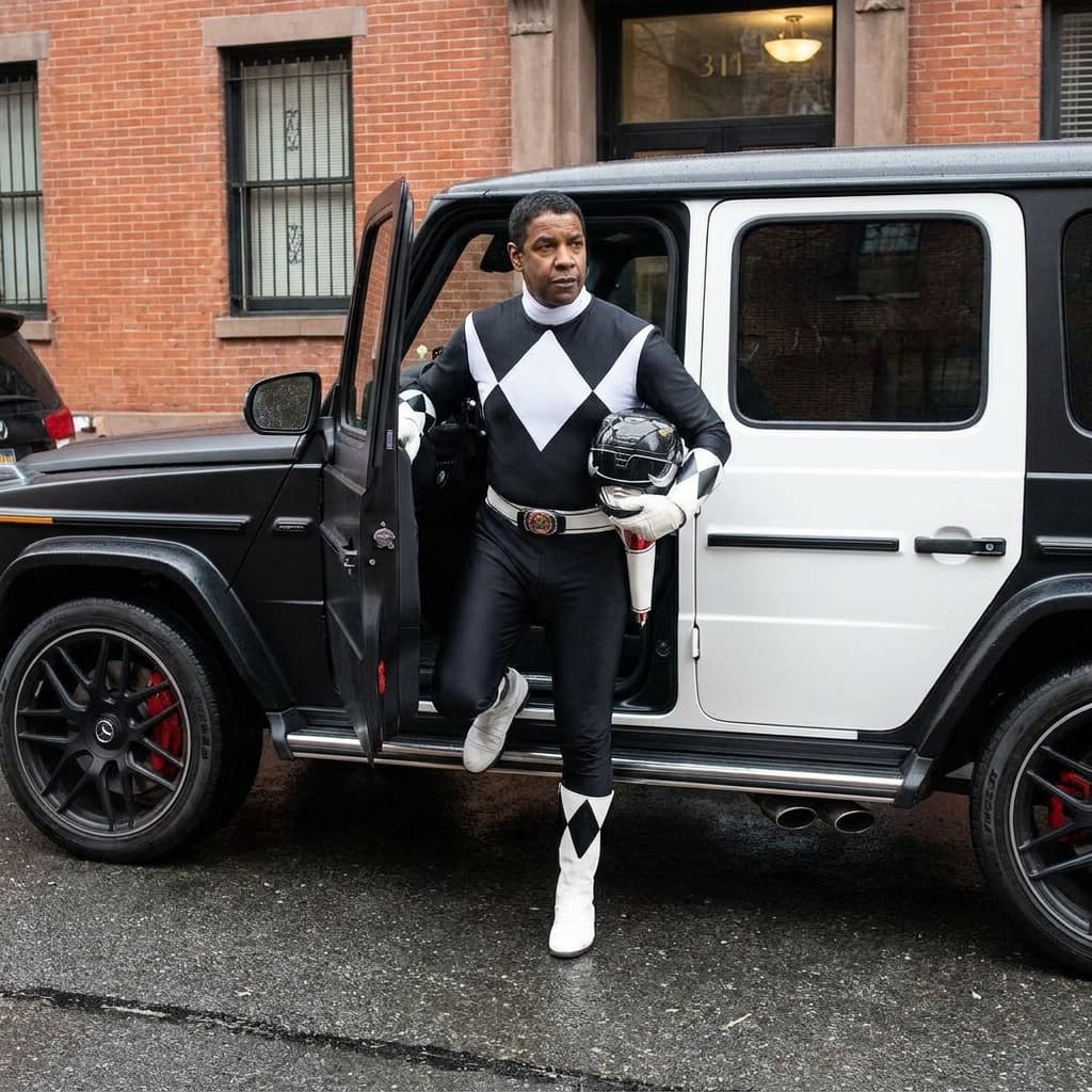 Turn Denzel Washington in the bla k power ranger  stepping out a black and white amg g wagon
