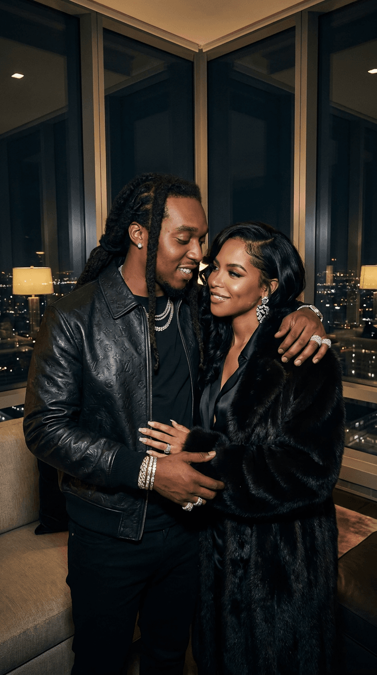 **Prompt:**
**Ultra-realistic, high-fashion portrait of Takeoff and Aaliyah, exuding palpable chemistry and affection in a romantic, "booed up" embrace. They stand intimately close, their gazes locked in a tender, loving smile. Takeoff is impeccably styled in bespoke, high-end designer streetwear: a supple, black Louis Vuitton leather jacket, perfectly tailored designer denim, and an opulent display of iced-out diamond chains, luxury watches, intricate bracelets, and gleaming rings. His hip-hop jewelry is meticulously detailed, catching and refracting the soft, ambient light with exceptional brilliance. Aaliyah embodies timeless elegance in a sophisticated designer ensemble, accented by a glamorous fur coat, exquisite high heels, and dazzling diamond jewelry. Her makeup is flawlessly executed, blending classic 90s charm with a contemporary luxury aesthetic. The scene unfolds within a lavish penthouse suite at night, expansive floor-to-ceiling windows revealing a breathtaking panorama of shimmering city lights. The lighting is cinematic and artfully sculpted, creating rich, saturated colors and deep, realistic shadows that enhance the expensive, aspirational atmosphere. Every detail is rendered with extraordinary precision, from the photorealistic skin textures to the intricate embellishments of their attire. This image captures a luxury lifestyle, fashion editorial aesthetic, and a deeply romantic mood, presented in an award-winning photography style, 8K ultra detailed. Shot on a Hasselblad X1D II 50C with a 80mm f/1.9 lens, natural light with subtle fill.