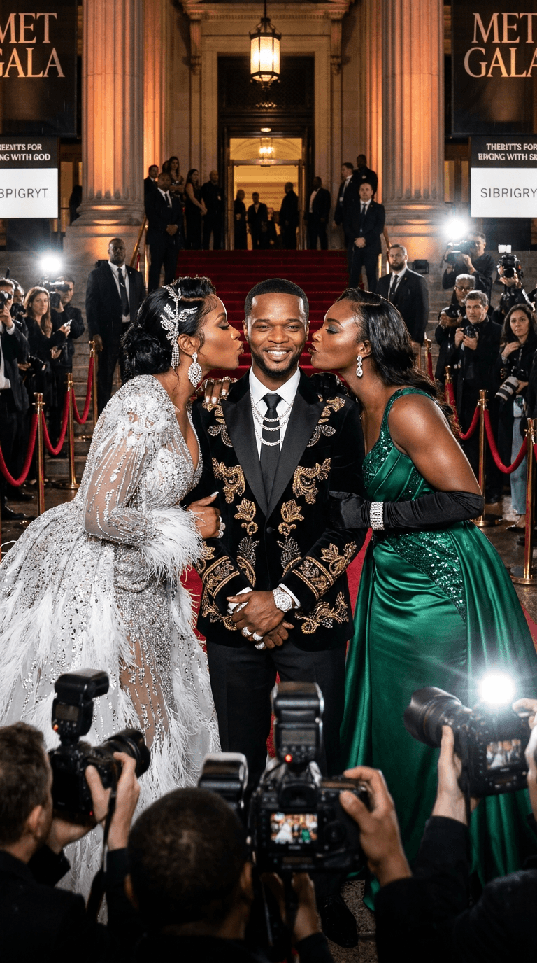 **Ultra-realistic, cinematic masterpiece of a red carpet scene, inspired by the opulent grandeur of the Met Gala.** Papoose, exuding confident charisma, stands center, impeccably groomed with a sharp low fade haircut (no braids). He is adorned in an extravagant, custom black-and-gold tuxedo, shimmering with intricate crystal detailing, paired with bespoke luxury designer shoes. Layered diamond chains, rings, and watches gleam, complemented by elegant high-fashion accessories.

On his left, Remy Ma captivates in a dramatic couture gown, a breathtaking confection of diamonds, feathers, and sparkling high-fashion embellishments, reminiscent of elite Met Gala artistry. To his right, Claressa Shields radiates glamour in a stunning custom designer dress with elegant opera gloves, adorned with diamonds and classic red carpet styling. Both women are captured in the tender act of kissing Papoose on the cheeks, as he confidently holds each of their hands.

The scene is illuminated by the frenetic flash of paparazzi cameras, highlighting the velvet ropes and the luxury staircase entrance of an exclusive celebrity gala. Cinematic lighting casts dramatic shadows and highlights, creating a truly glamorous atmosphere. This is an editorial fashion photography shot, emphasizing ultra-detailed fabrics and jewelry, incredibly realistic skin textures, and rich, saturated colors. The aesthetic is one of high-end celebrity lifestyle, rendered in breathtaking 8K hyper-realism.