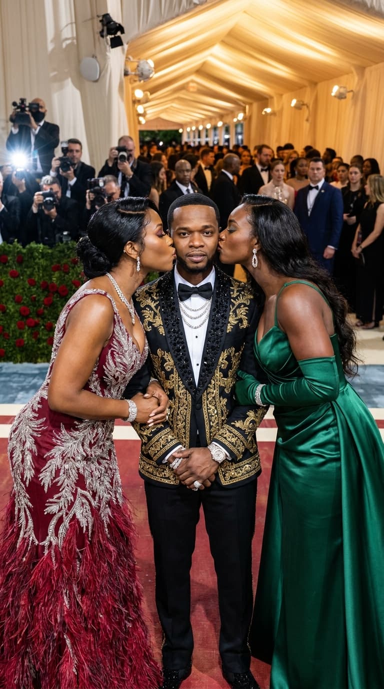Ultra-realistic red carpet scene inspired by the glamour and fashion of the Met Gala featuring Papoose standing confidently between Remy Ma and Claressa Shields at a luxury celebrity gala entrance. Papoose has a clean low fade haircut with sharp grooming, no braids, and is wearing an extravagant custom black-and-gold tuxedo with crystal detailing, luxury designer shoes, layered diamond chains, rings, watches, and elegant high-fashion accessories. Remy Ma is on his left side wearing a dramatic couture gown with diamonds, feathers, and sparkling high-fashion details inspired by elite Met Gala looks. Claressa Shields is on his right side wearing a stunning custom designer dress with elegant gloves, diamonds, and glamorous red carpet styling. Both women are kissing Papoose on the cheeks while he confidently holds both of their hands. Flashing paparazzi cameras, velvet ropes, celebrity photographers, luxury staircase entrance, cinematic lighting, glamorous atmosphere, editorial fashion photography, ultra detailed fabrics and jewelry, realistic skin textures, rich colors, high-end celebrity lifestyle aesthetic, 8K hyper-realistic masterpiece.”
