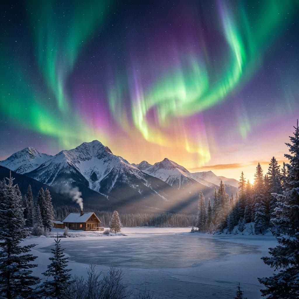 A magical aurora over snow-capped mountains at twilight, cinematic 4K, volumetric lighting, ultra-detailed landscape photography