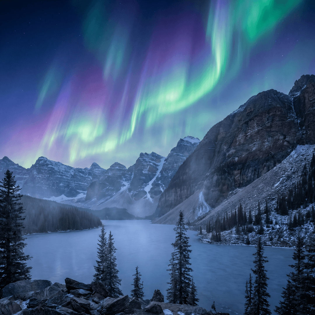 A magical aurora over snow-capped mountains at twilight, cinematic 4K, volumetric lighting, ultra-detailed landscape photography