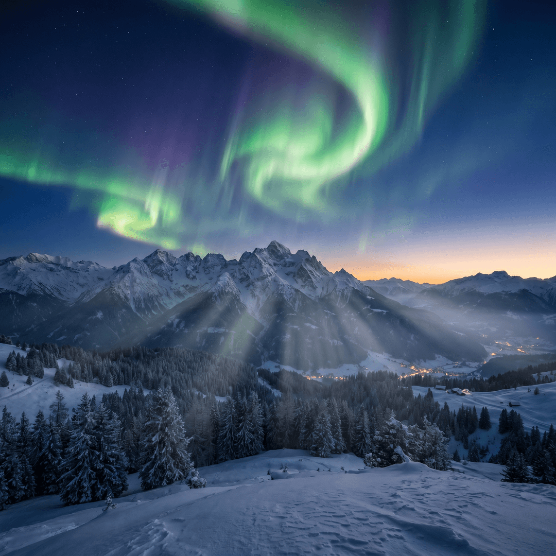 A magical aurora over snow-capped mountains at twilight, cinematic 4K, volumetric lighting, ultra-detailed landscape photography