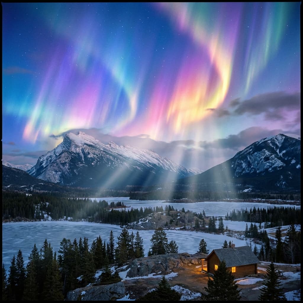 A magical aurora over snow-capped mountains at twilight, cinematic 4K, volumetric lighting, ultra-detailed landscape photography