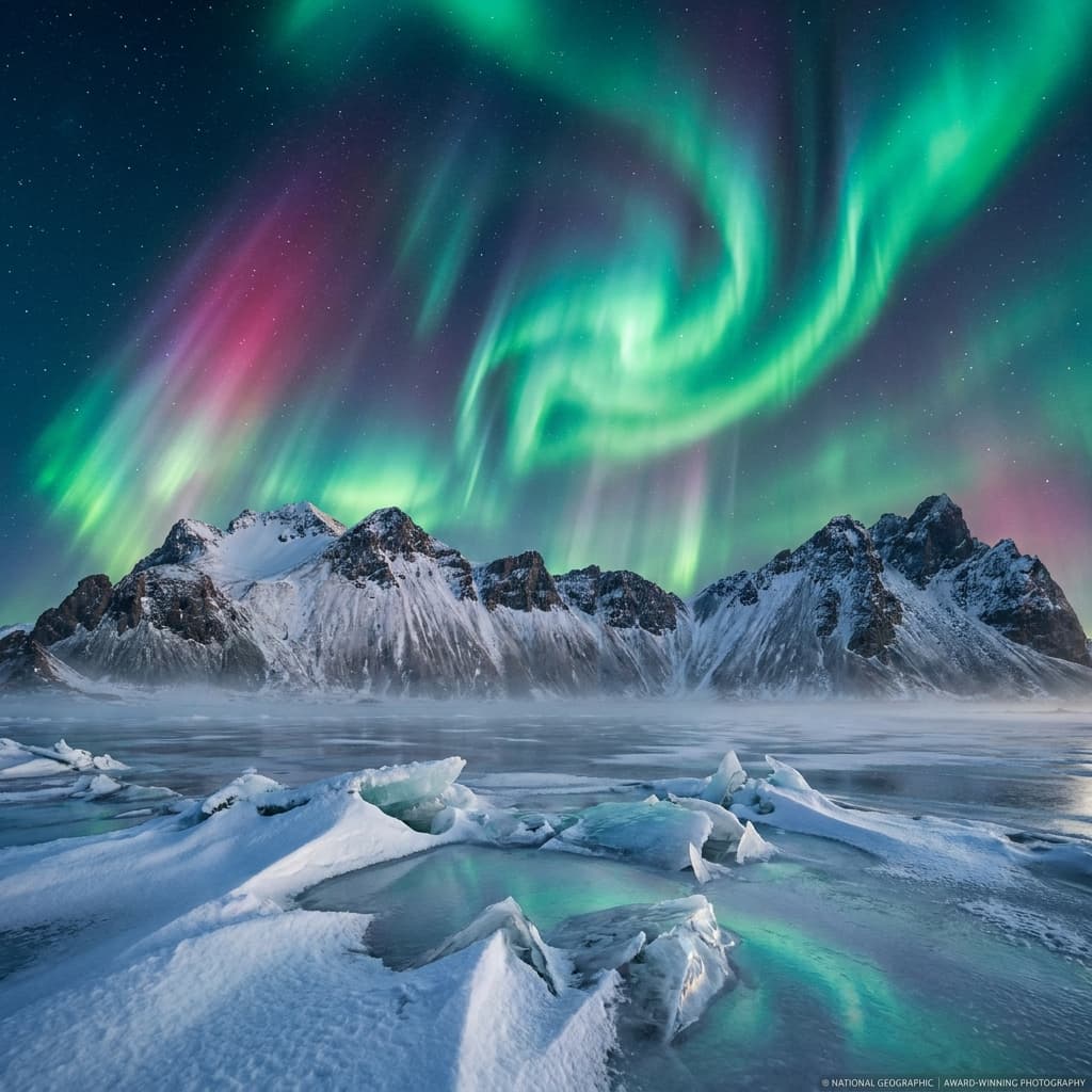 **Prompt:** A breathtaking, hyper-realistic photograph of a celestial aurora borealis, swirling in vibrant emeralds, teals, and fuchsias across a dramatic twilight sky. The aurora's ethereal light casts long, volumetric shadows over jagged, snow-capped peaks that pierce the fading light. Foreground features razor-sharp, crystalline snowdrifts and ice formations, reflecting the aurora's glow with intricate detail. The atmosphere is crisp and cold, with a subtle mist clinging to the mountain bases, enhancing depth and realism. Shot with a medium format camera, f/2.8, 1/100s, ISO 400, natural light, long exposure. Cinematic, 4K, ultra-detailed landscape photography, award-winning, National Geographic style.