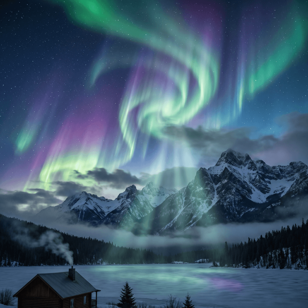 A magical aurora over snow-capped mountains at twilight, cinematic 4K, volumetric lighting, ultra-detailed landscape photography