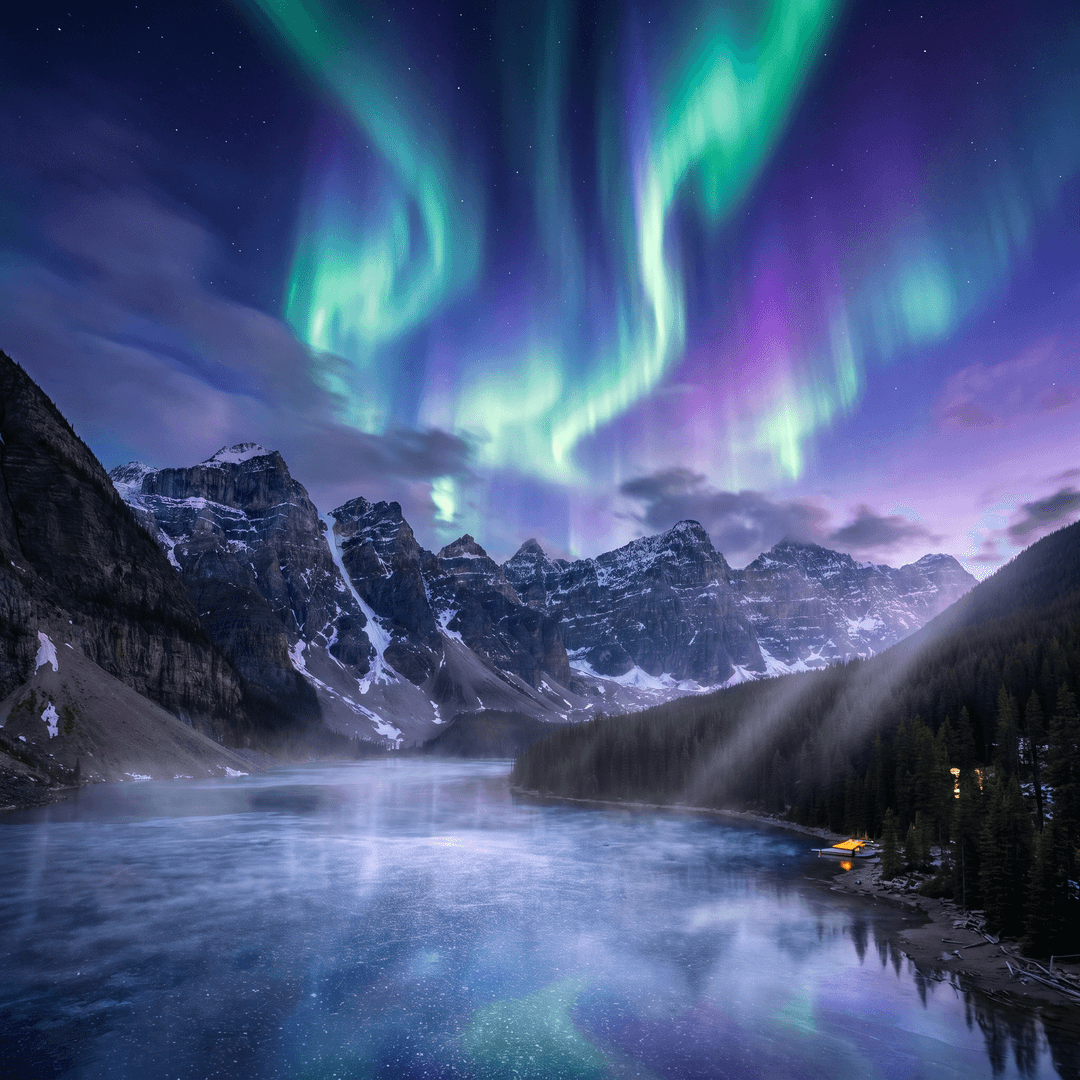 A magical aurora over snow-capped mountains at twilight, cinematic 4K, volumetric lighting, ultra-detailed landscape photography