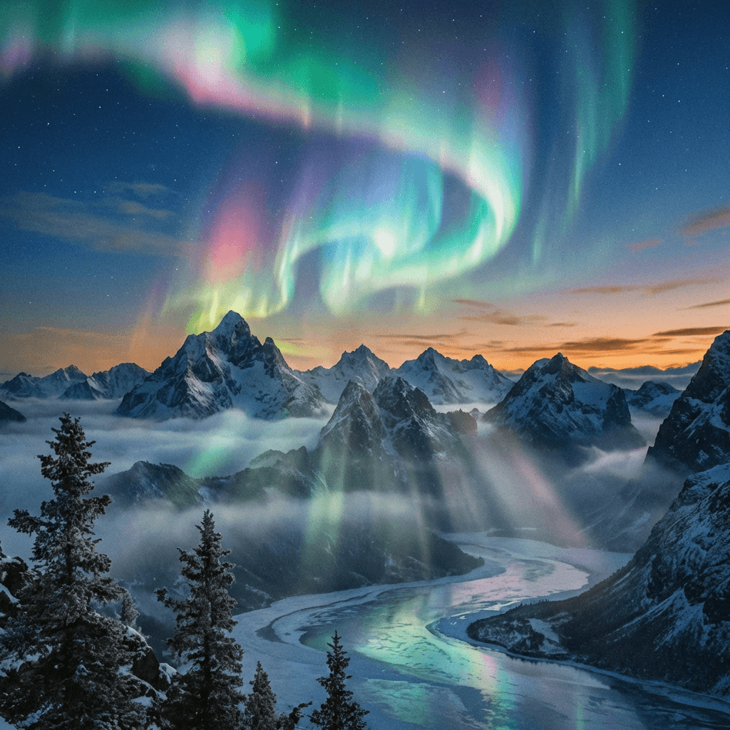 A magical aurora over snow-capped mountains at twilight, cinematic 4K, volumetric lighting, ultra-detailed landscape photography