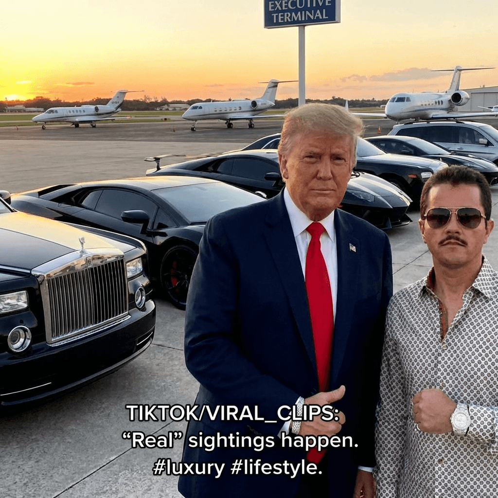 Make me a viral AI looks a like real Donald Trump and drug lord el mencho with luxury cars luxury watches dress all private jet backgrounds theme in some airport